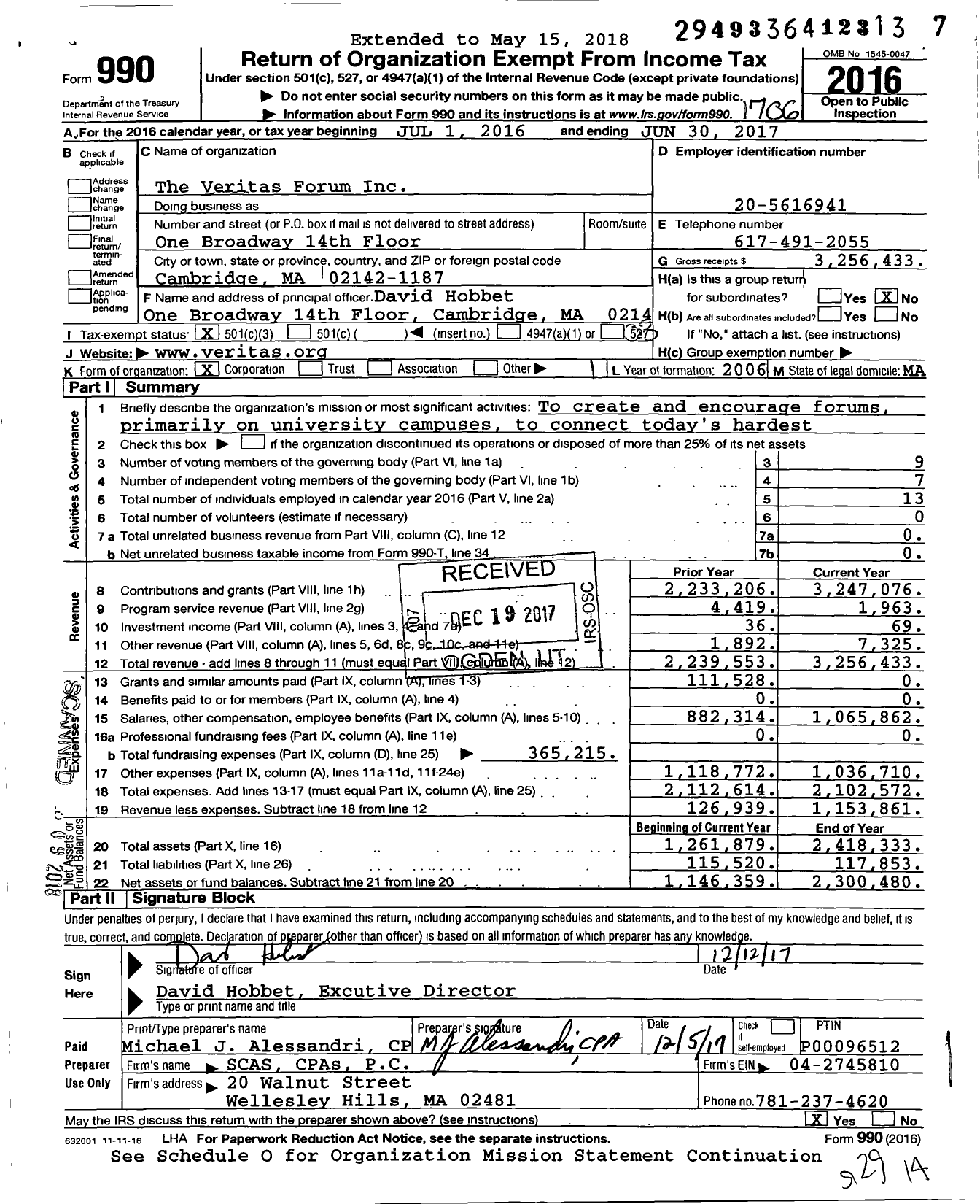 Image of first page of 2016 Form 990 for Veritas Forum