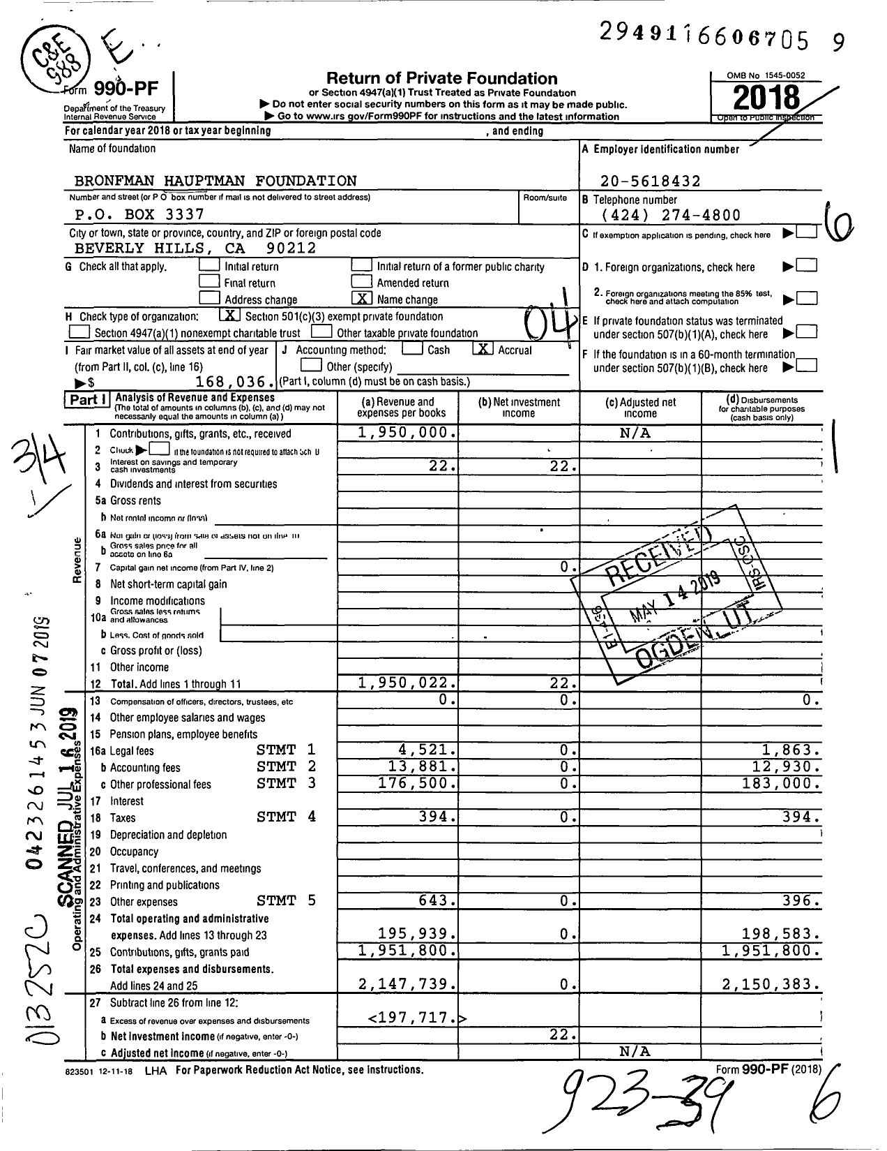 Image of first page of 2018 Form 990PF for Bronfman Hauptman Foundation