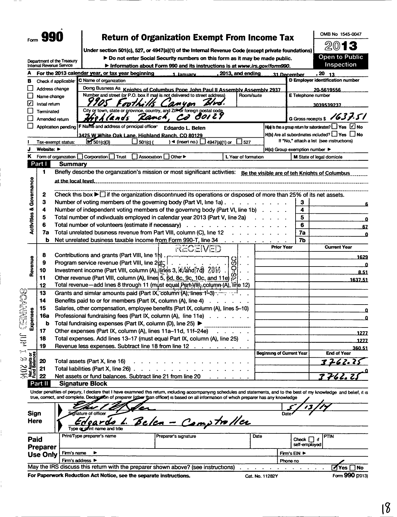 Image of first page of 2013 Form 990 for Knights of Columbus / 2937 Pope John Paul Ii Assembly