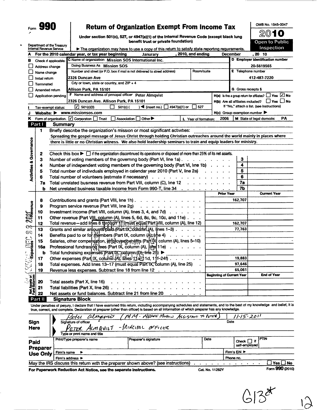 Image of first page of 2010 Form 990 for Mission Sos International