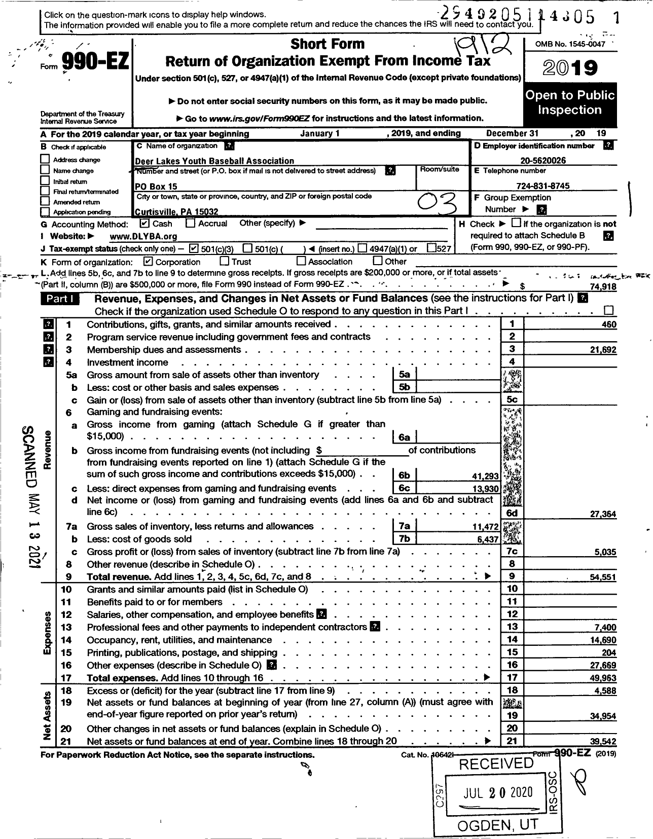 Image of first page of 2019 Form 990EZ for Deer Lakes Youth Baseball Association (DLYBA)