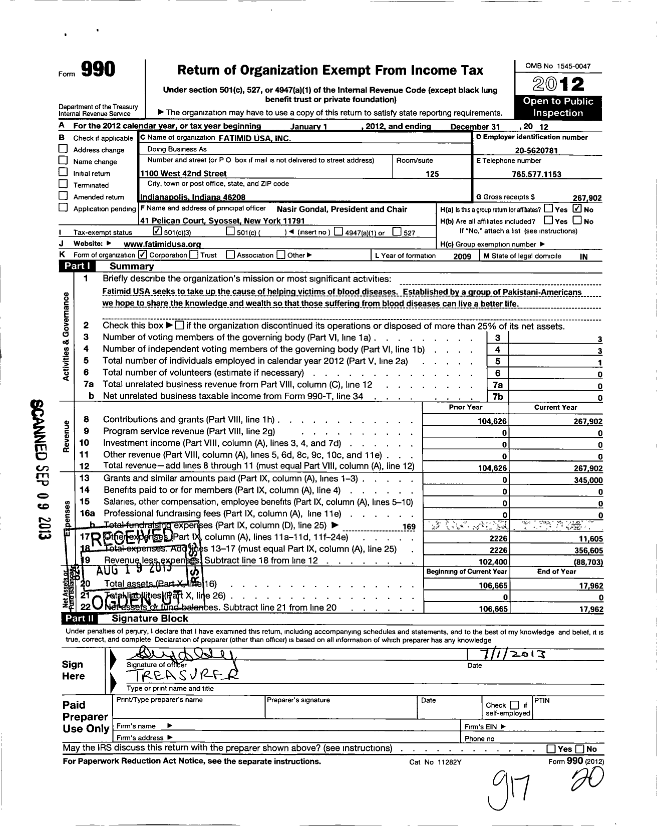 Image of first page of 2012 Form 990 for Fatimid USA Incorporated