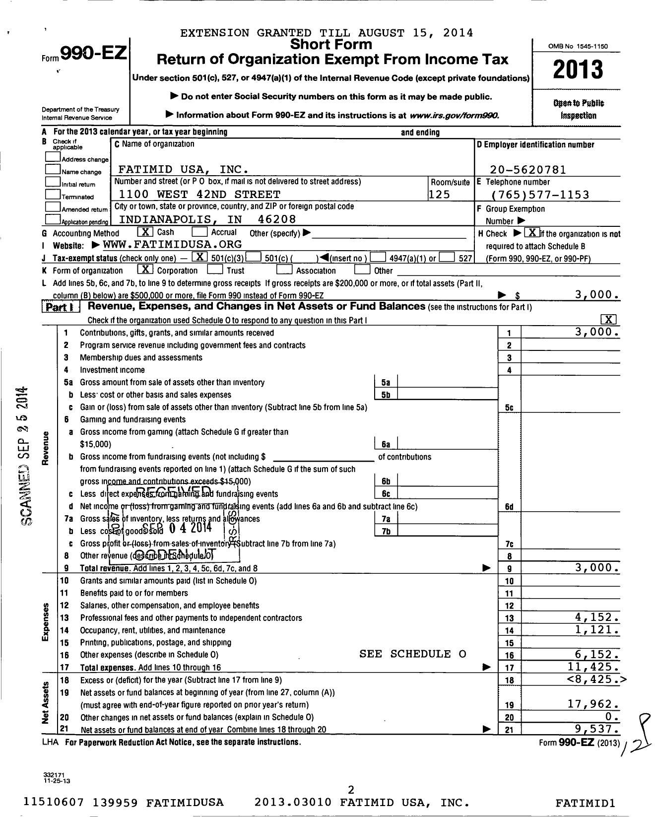 Image of first page of 2013 Form 990EZ for Fatimid USA Incorporated