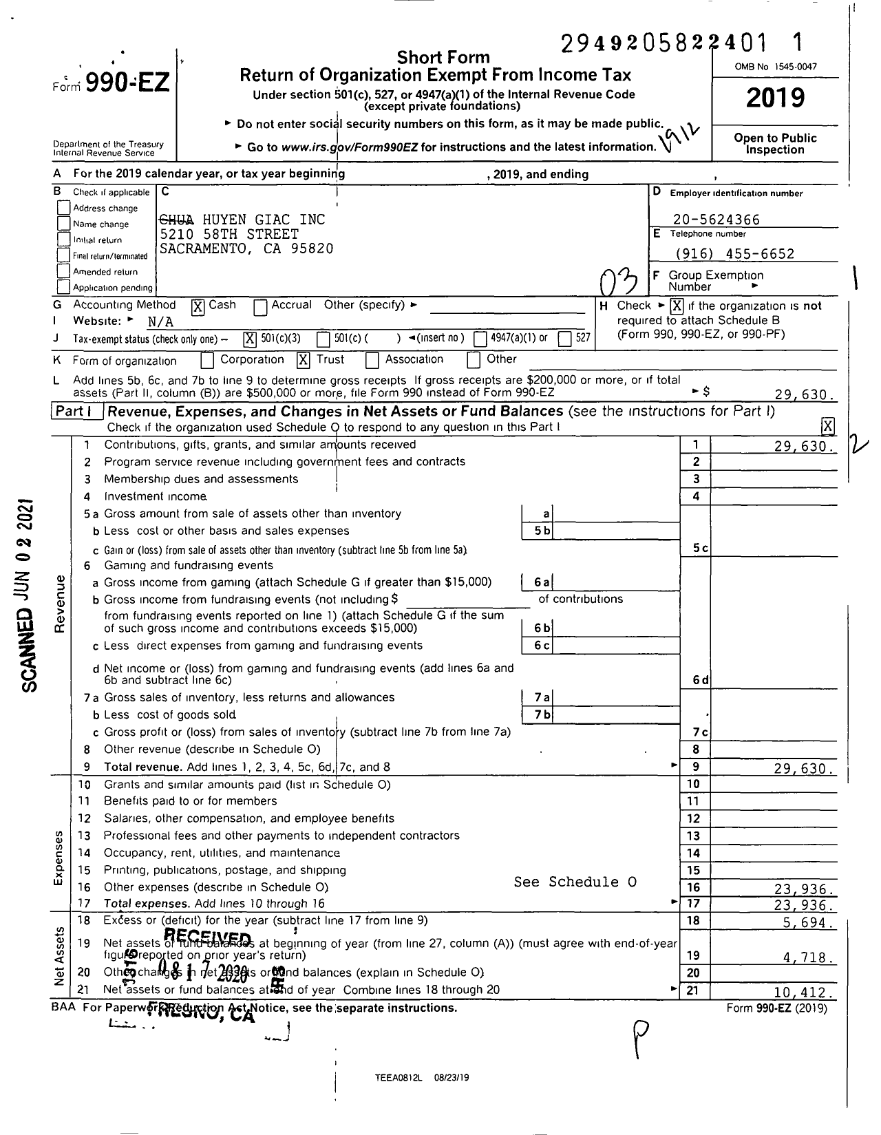 Image of first page of 2019 Form 990EZ for Chua Huyen Giac