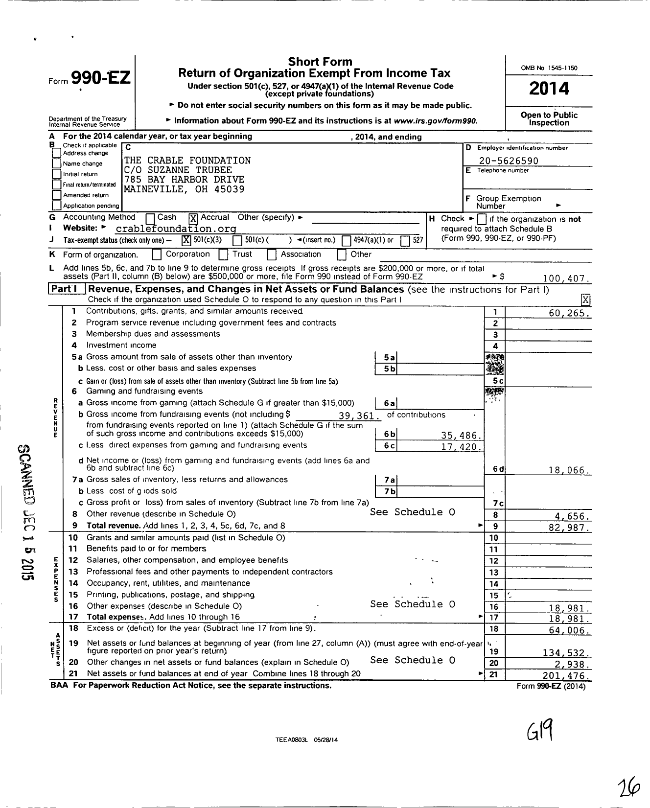 Image of first page of 2014 Form 990EZ for The Crable Foundation