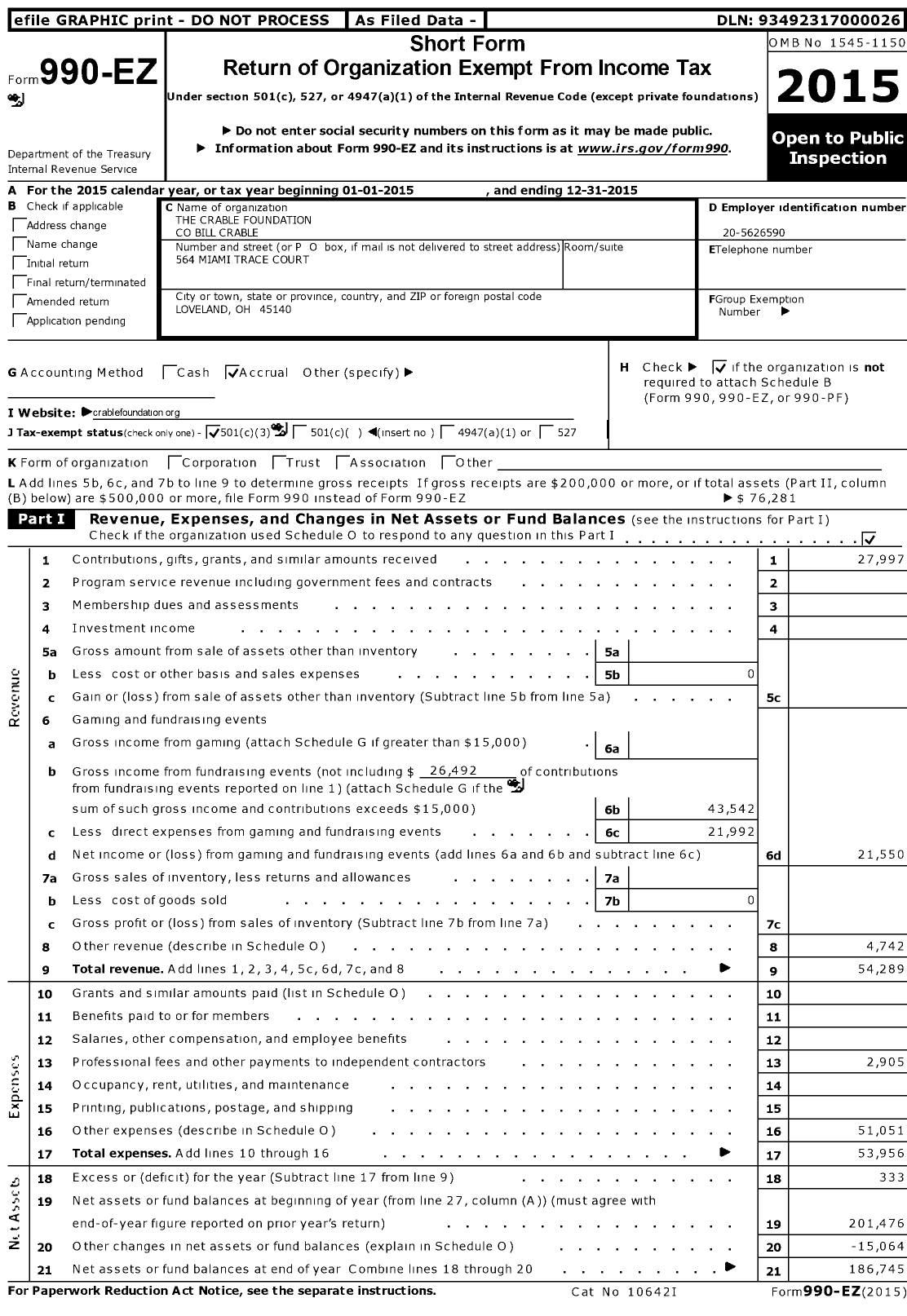 Image of first page of 2015 Form 990EZ for The Crable Foundation