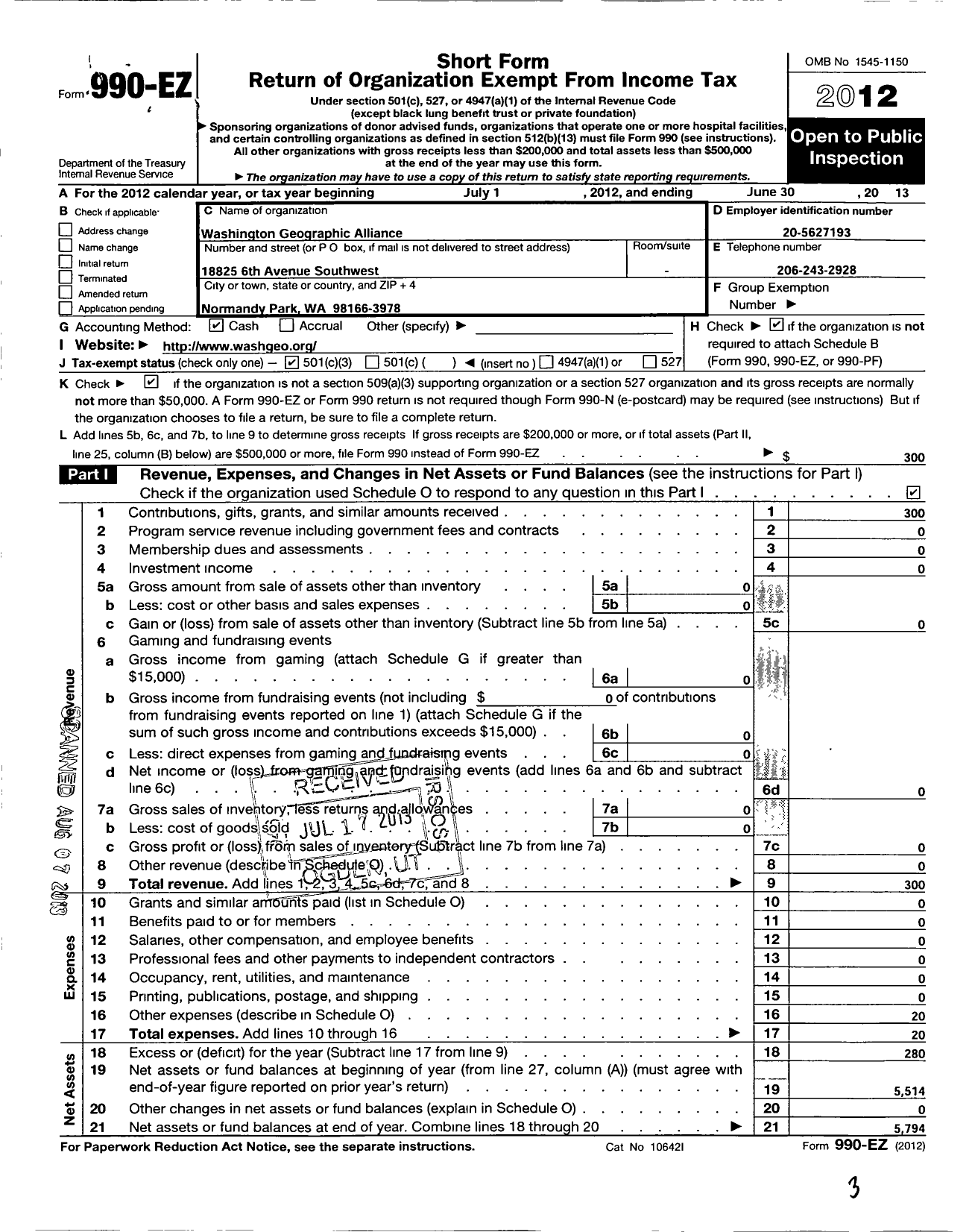 Image of first page of 2012 Form 990EZ for Washington Geographic Alliance