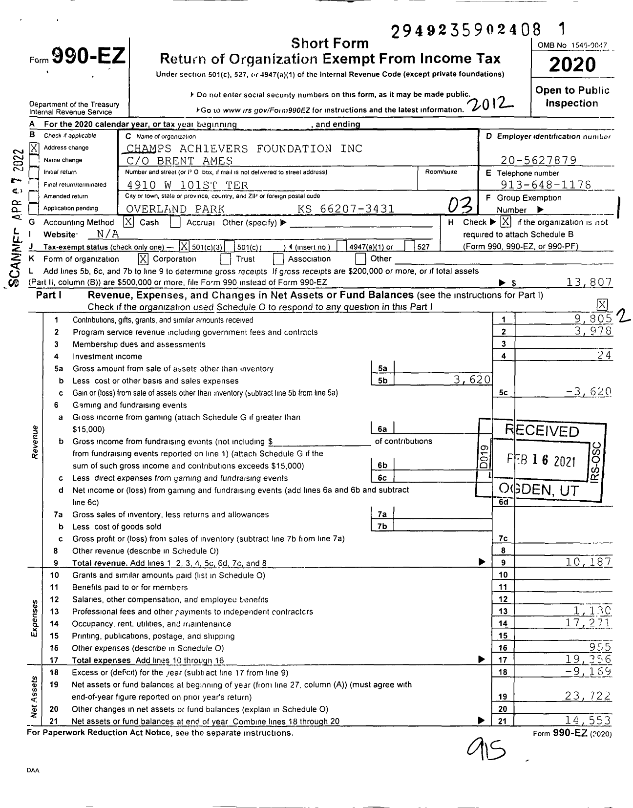 Image of first page of 2020 Form 990EZ for Champs Achievers Foundation