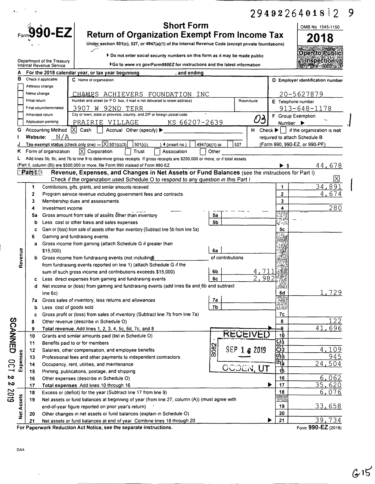 Image of first page of 2018 Form 990EZ for Champs Achievers Foundation