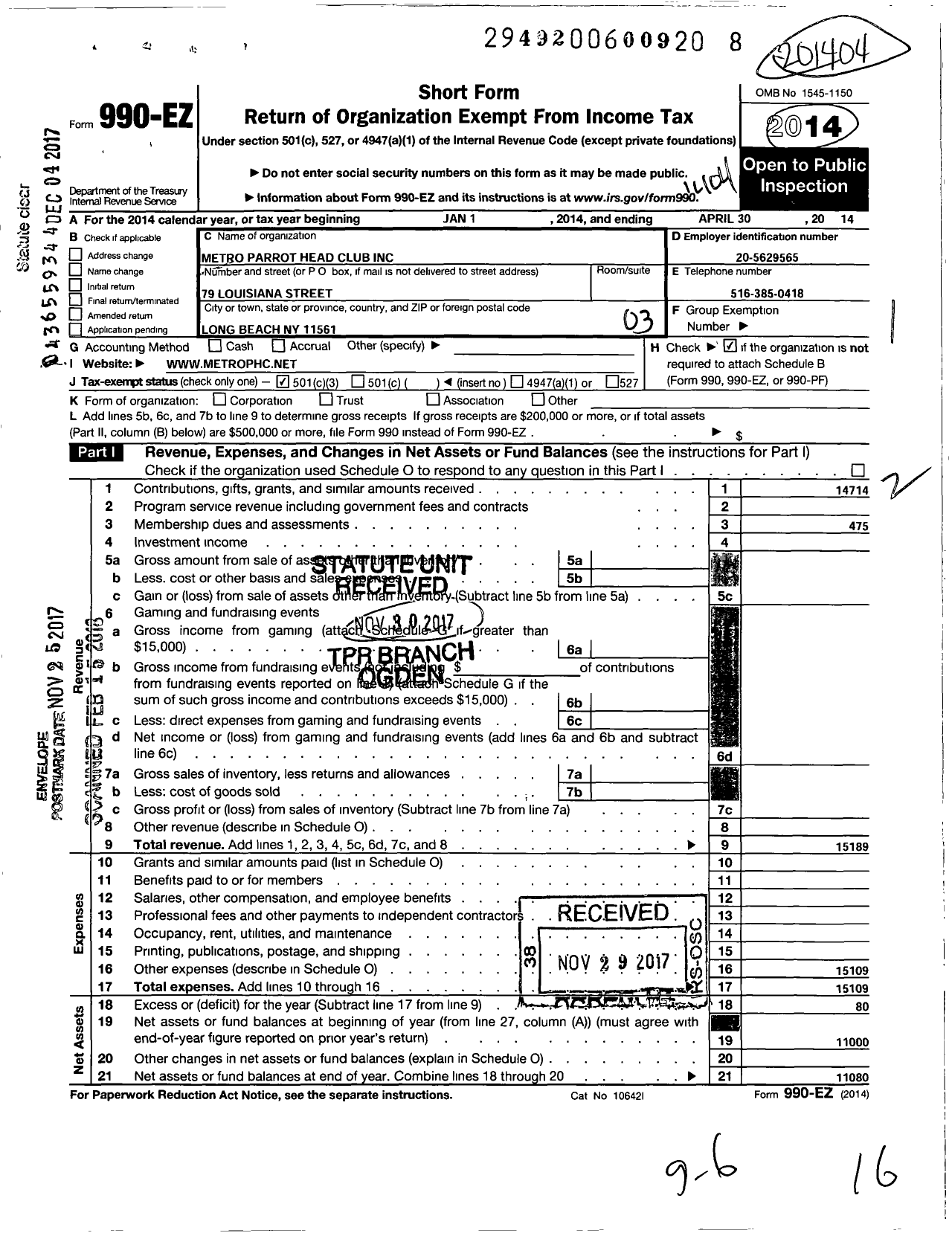 Image of first page of 2013 Form 990EZ for Metro Parrot Head Club