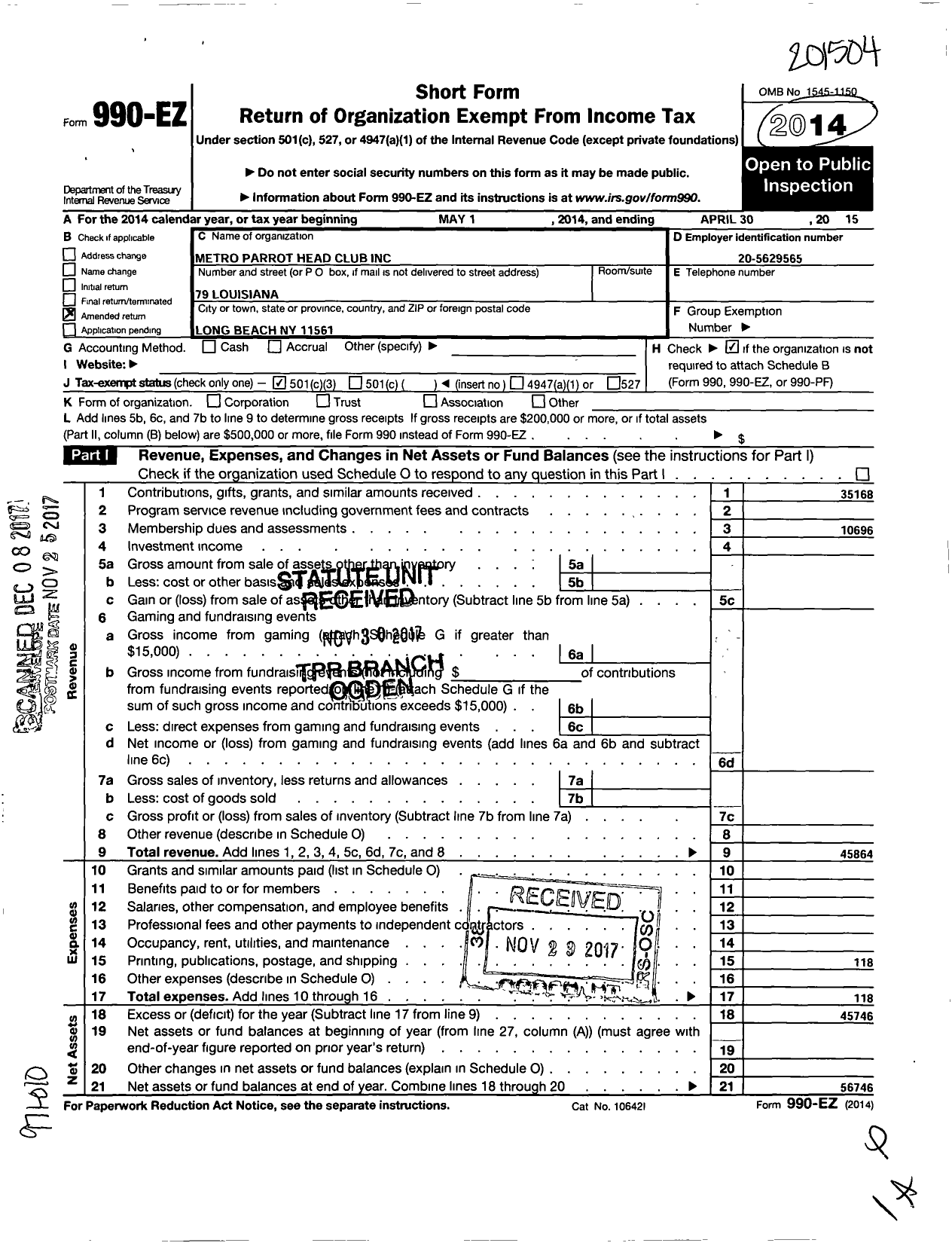 Image of first page of 2014 Form 990EA for Metro Parrot Head Club