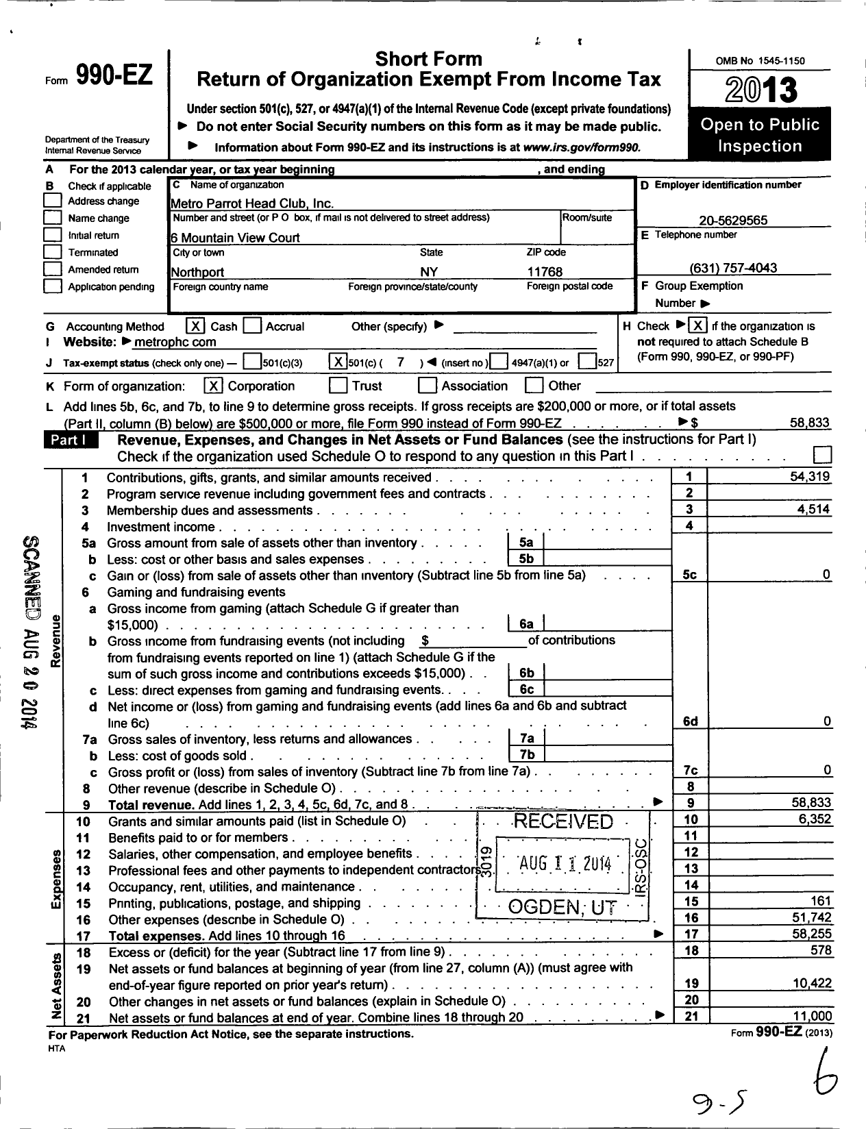 Image of first page of 2013 Form 990EO for Metro Parrot Head Club