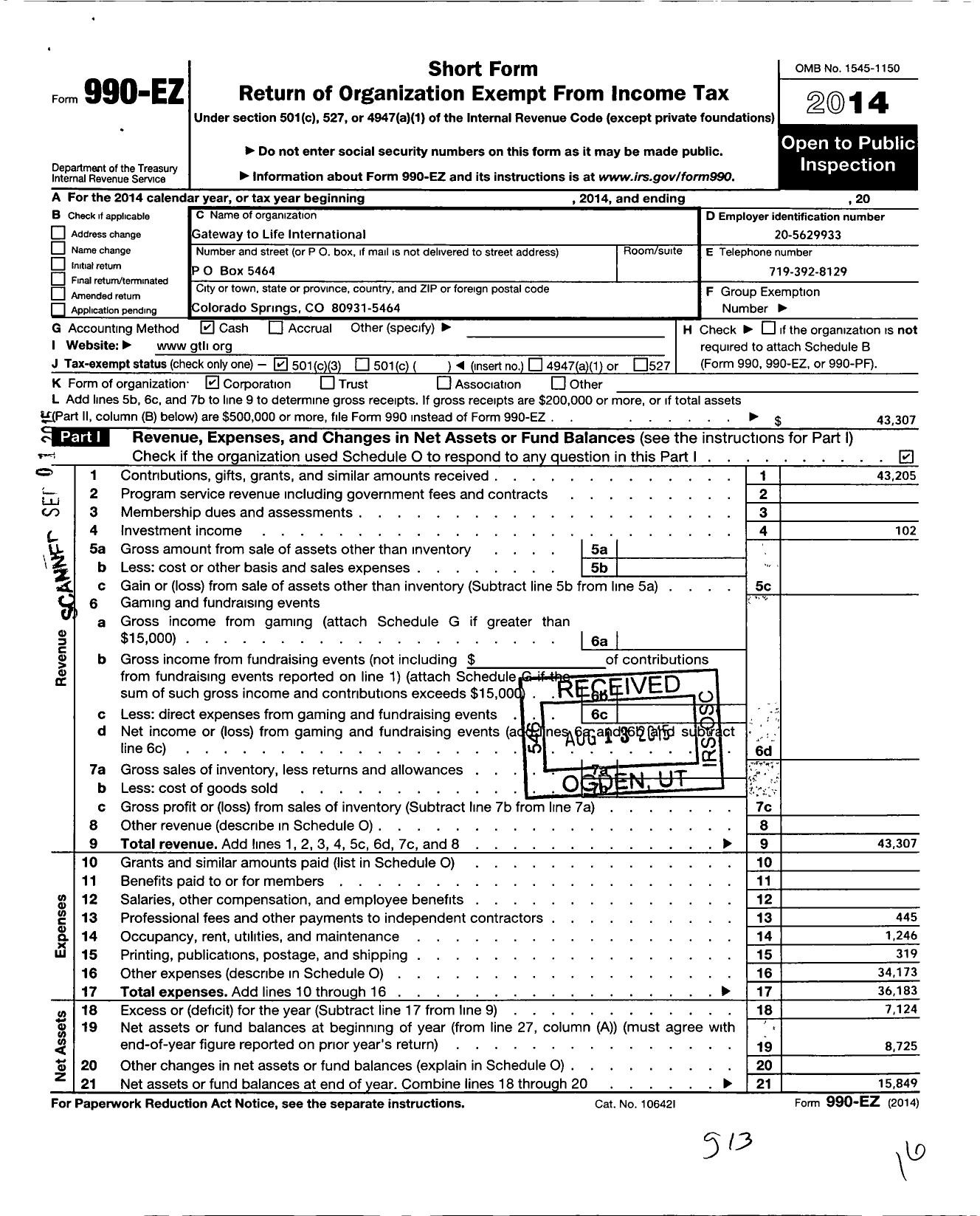Image of first page of 2014 Form 990EZ for Gateway To Life International