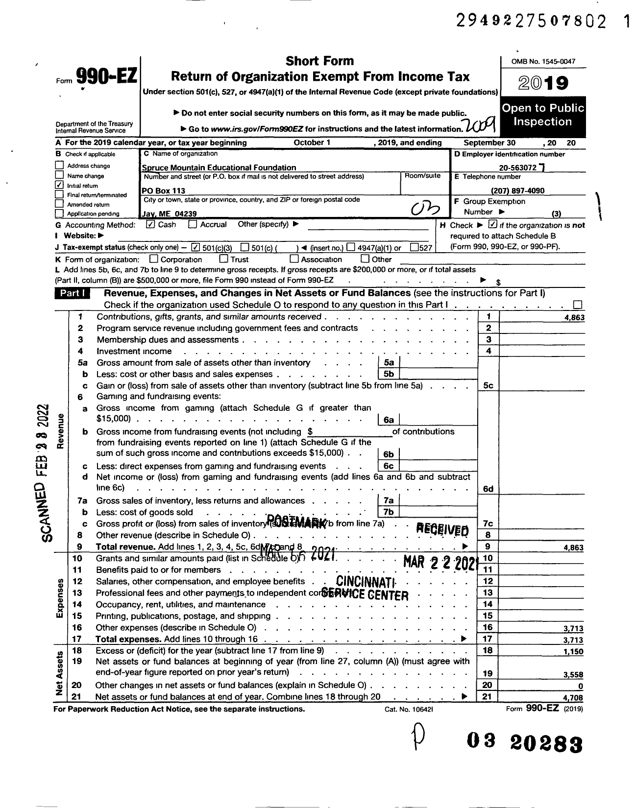 Image of first page of 2019 Form 990EZ for Spruce Mountain Educational Foundation