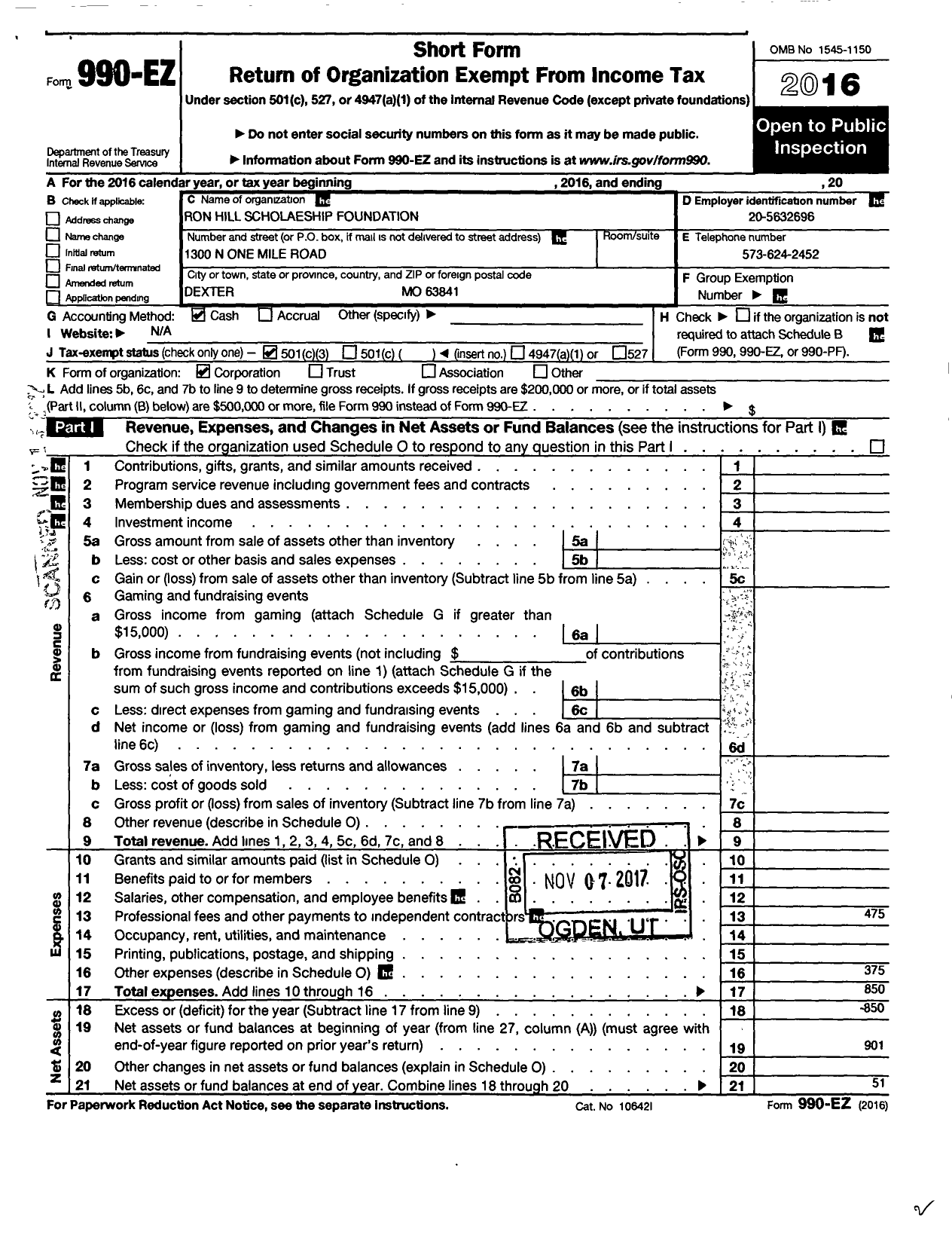 Image of first page of 2016 Form 990EZ for Ron Hill Scholarship Foundation