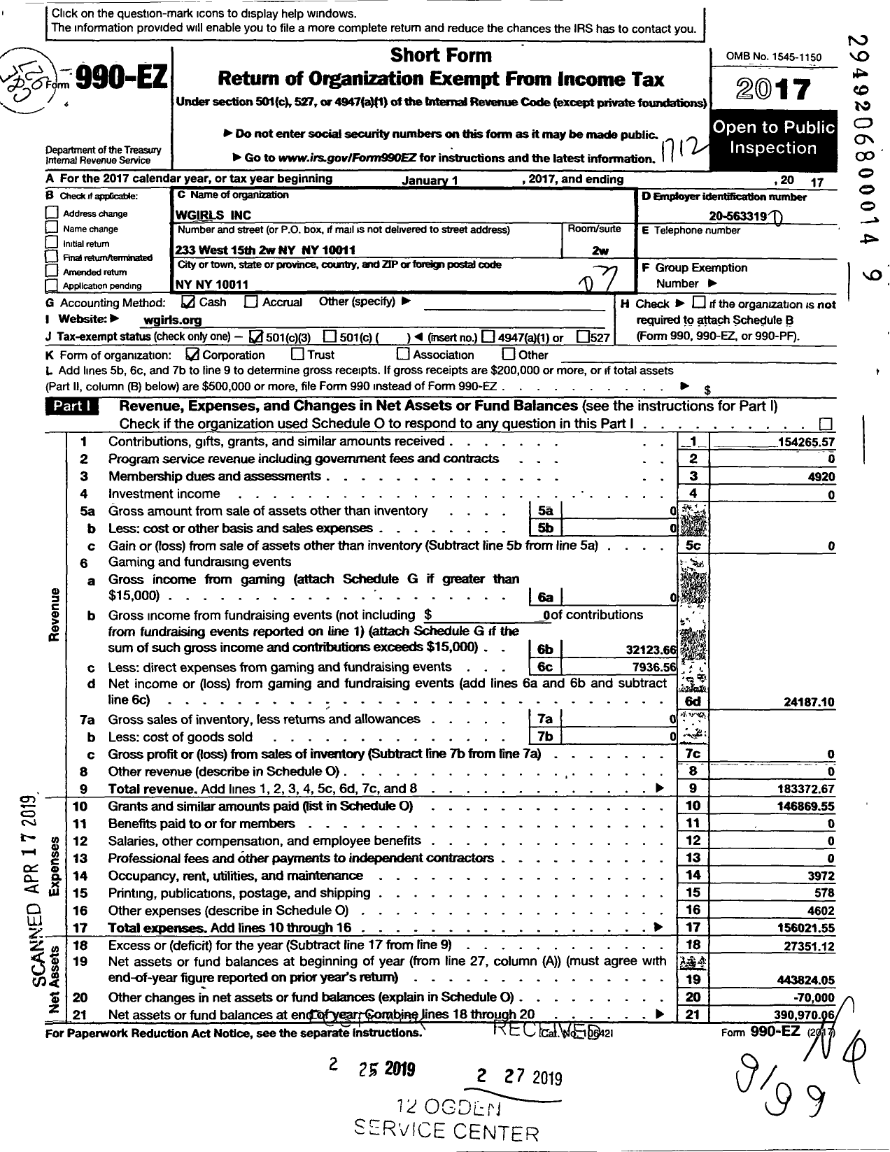 Image of first page of 2017 Form 990EZ for W Girls