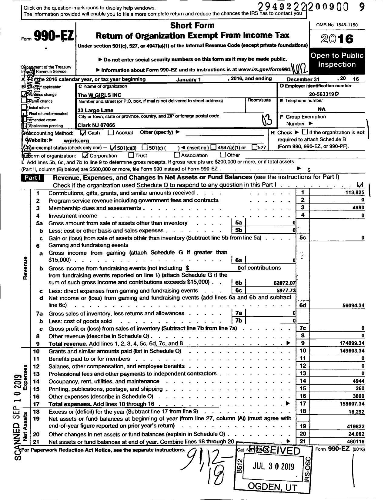 Image of first page of 2016 Form 990EZ for W Girls