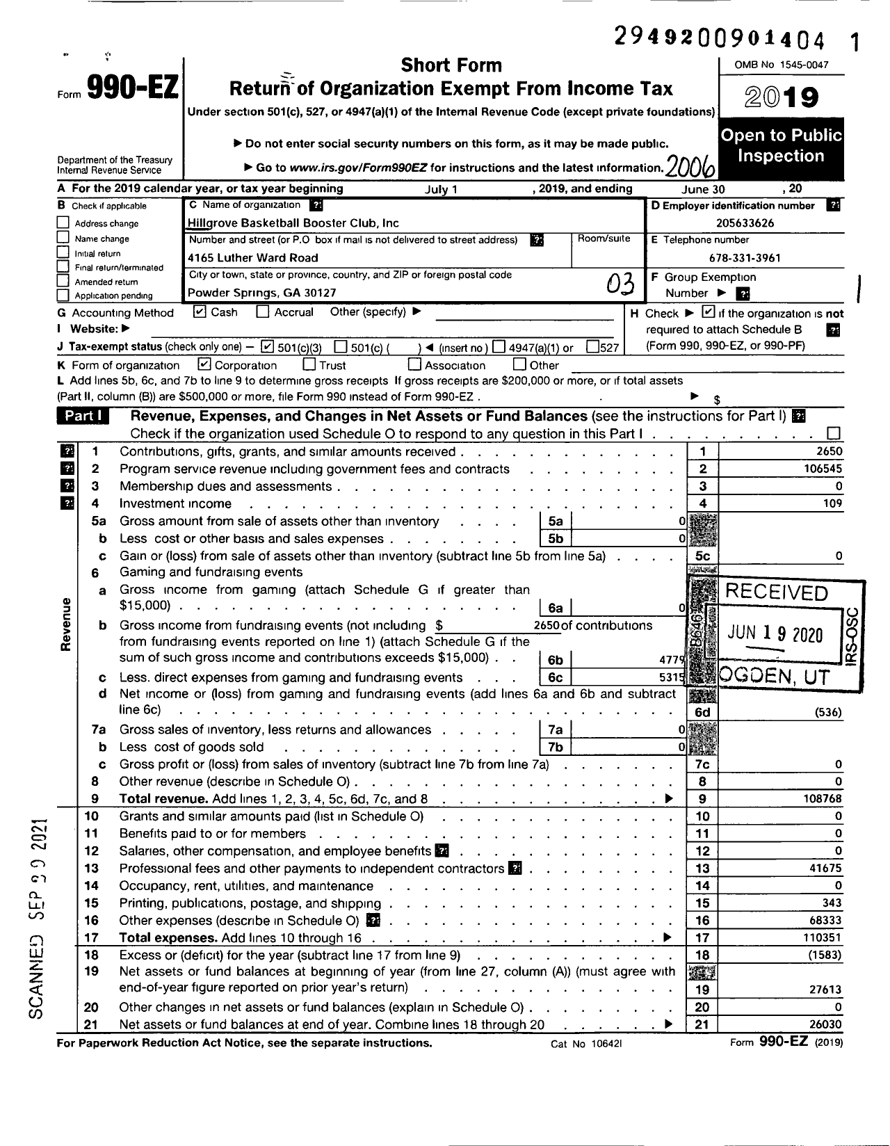 Image of first page of 2019 Form 990EZ for Hillgrove Basketball Booster Club