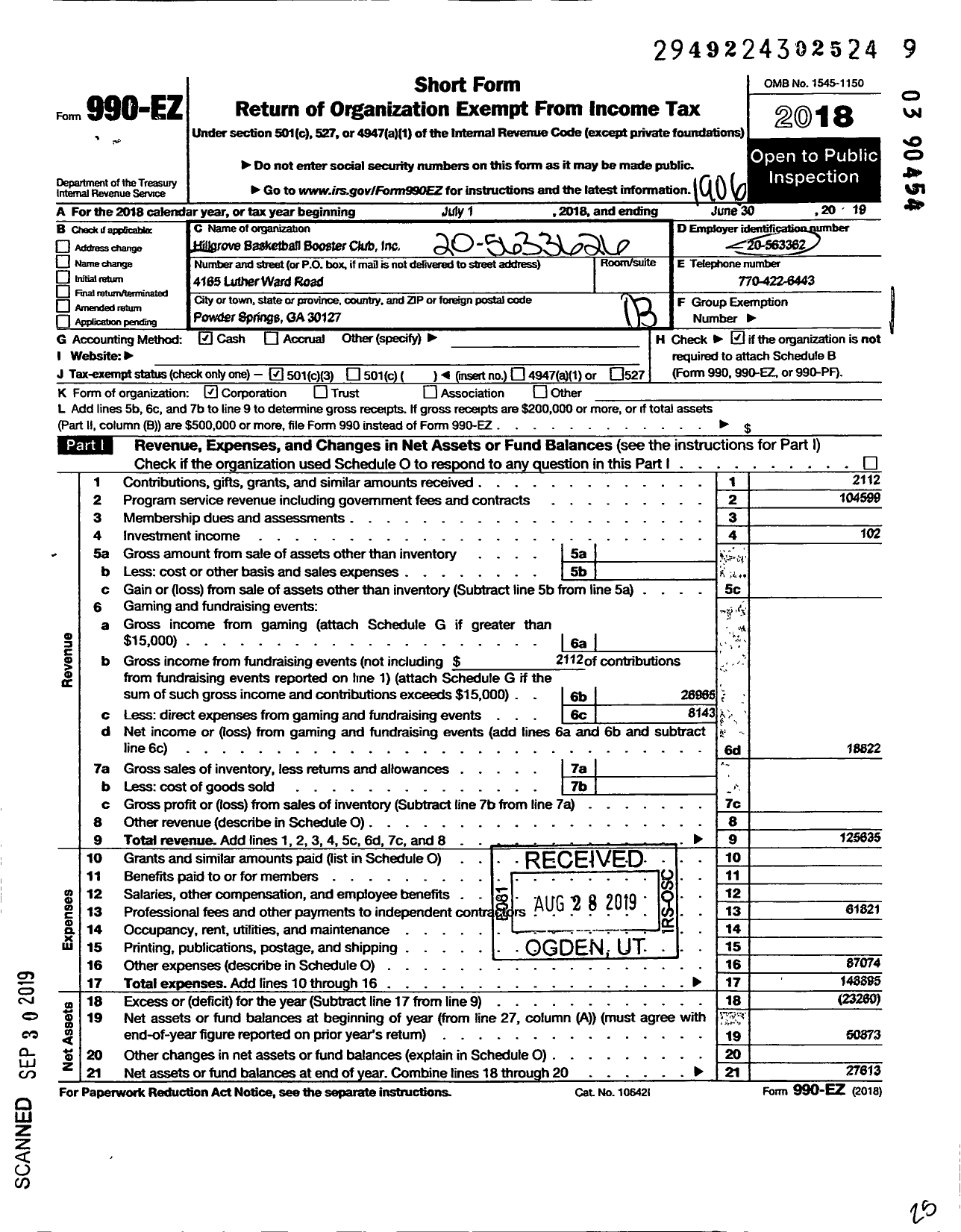 Image of first page of 2018 Form 990EZ for Hillgrove Basketball Booster Club