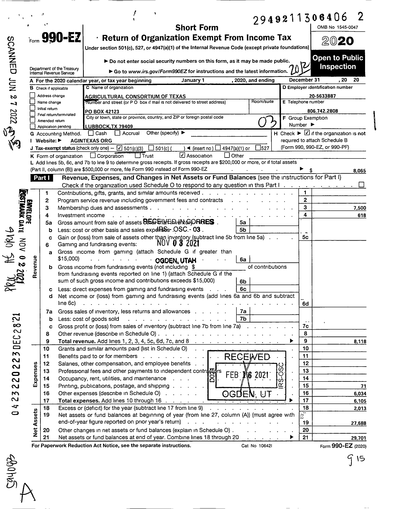 Image of first page of 2020 Form 990EZ for Agricultural Consortium of Texas