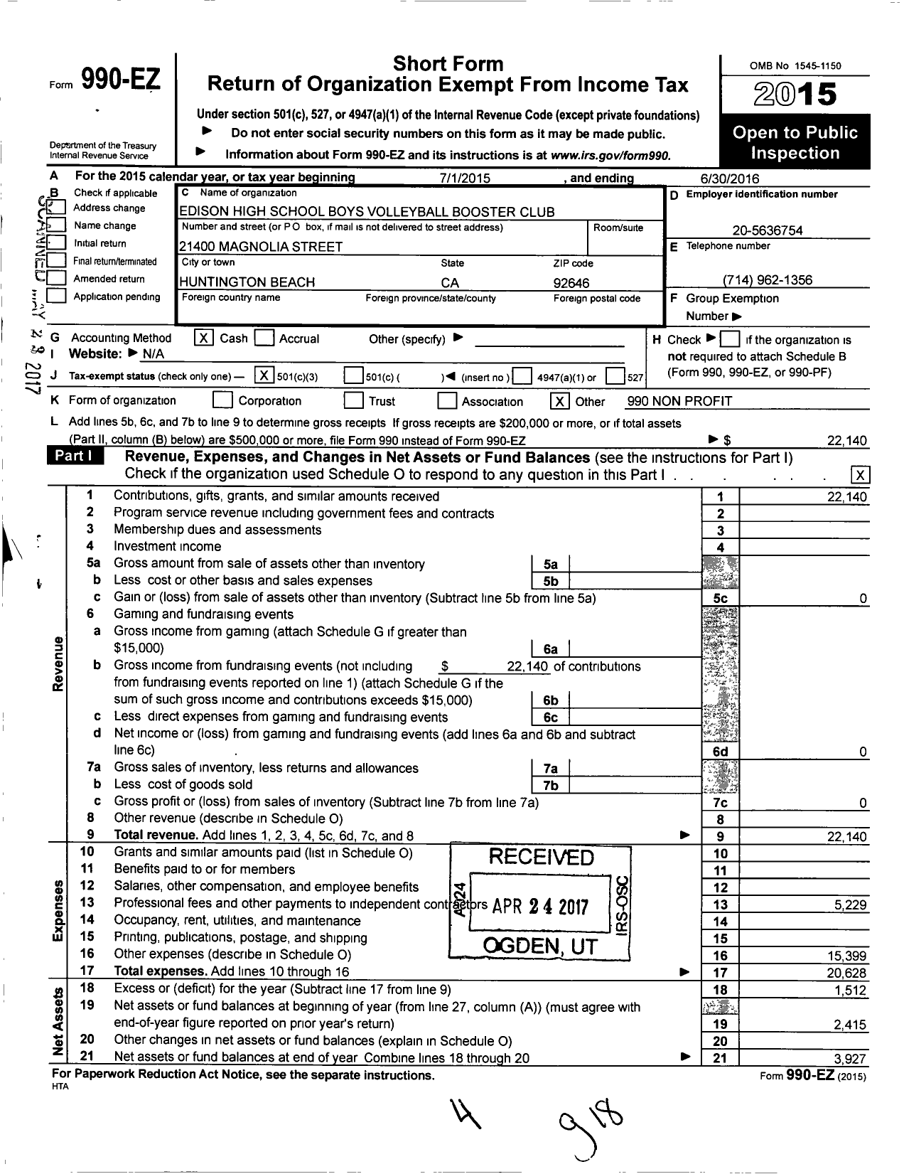 Image of first page of 2014 Form 990EZ for Edison High School Boys Volleyball Booster Club