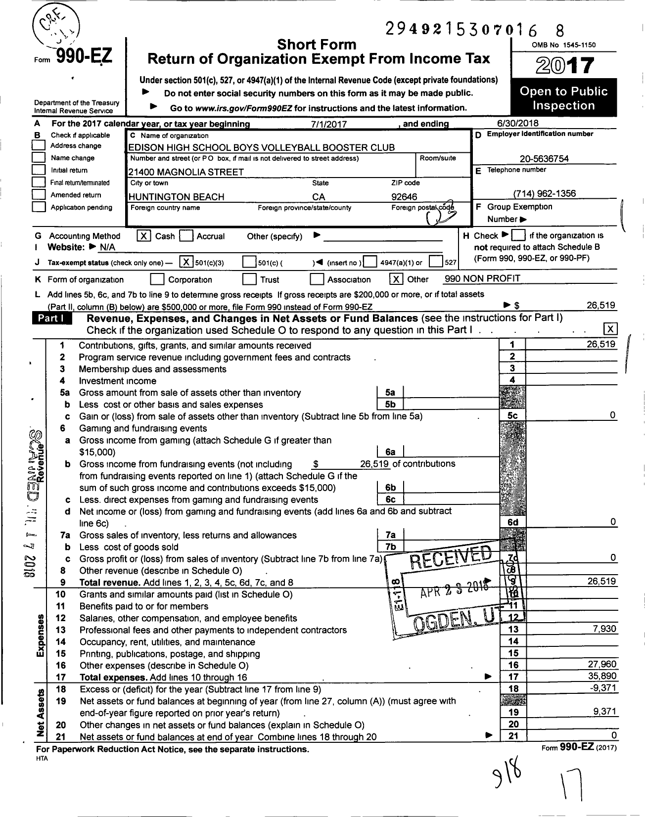 Image of first page of 2017 Form 990EZ for Edison High School Boys Volleyball Booster Club