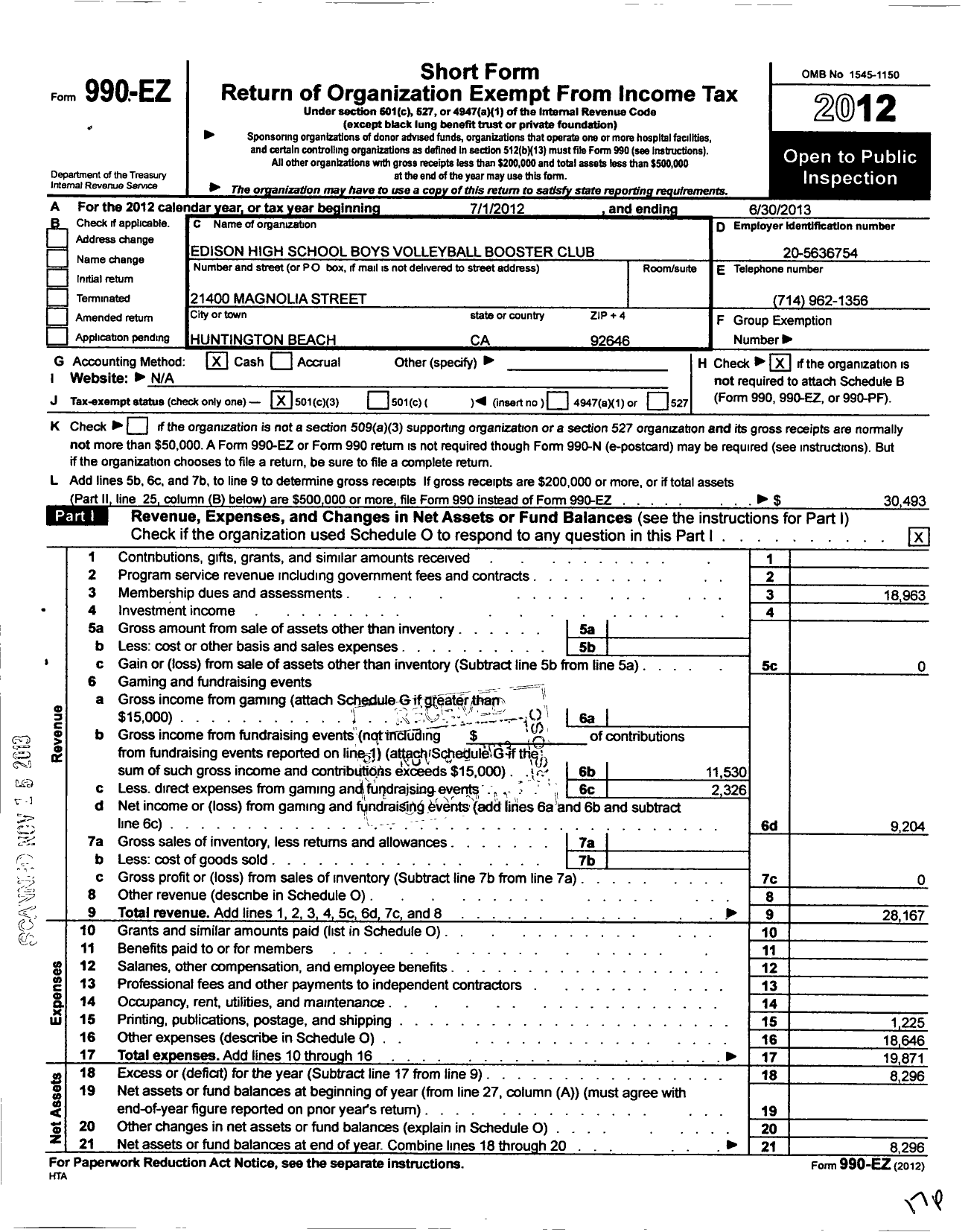 Image of first page of 2012 Form 990EZ for Edison High School Boys Volleyball Booster Club