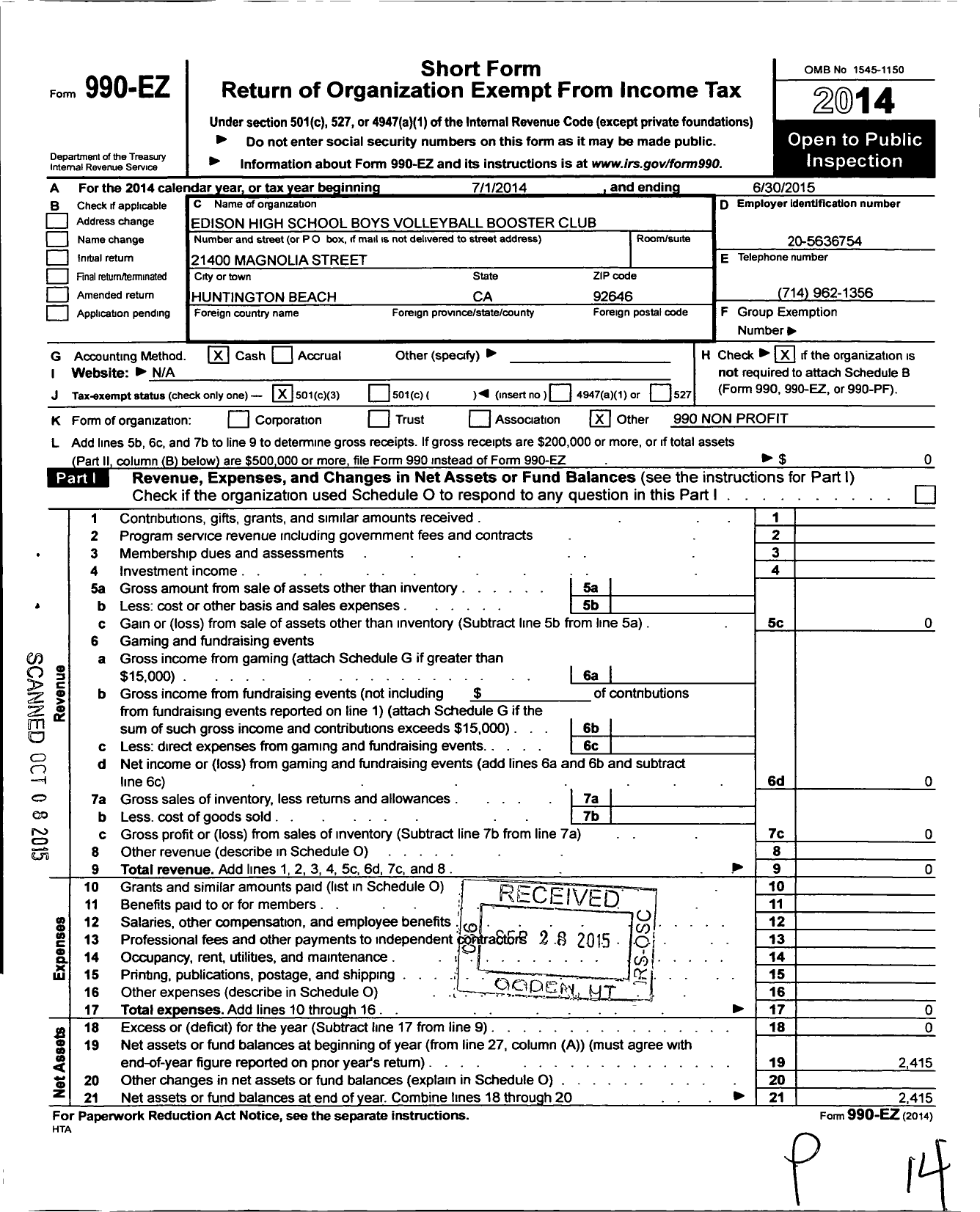 Image of first page of 2014 Form 990EZ for Edison High School Boys Volleyball Booster Club