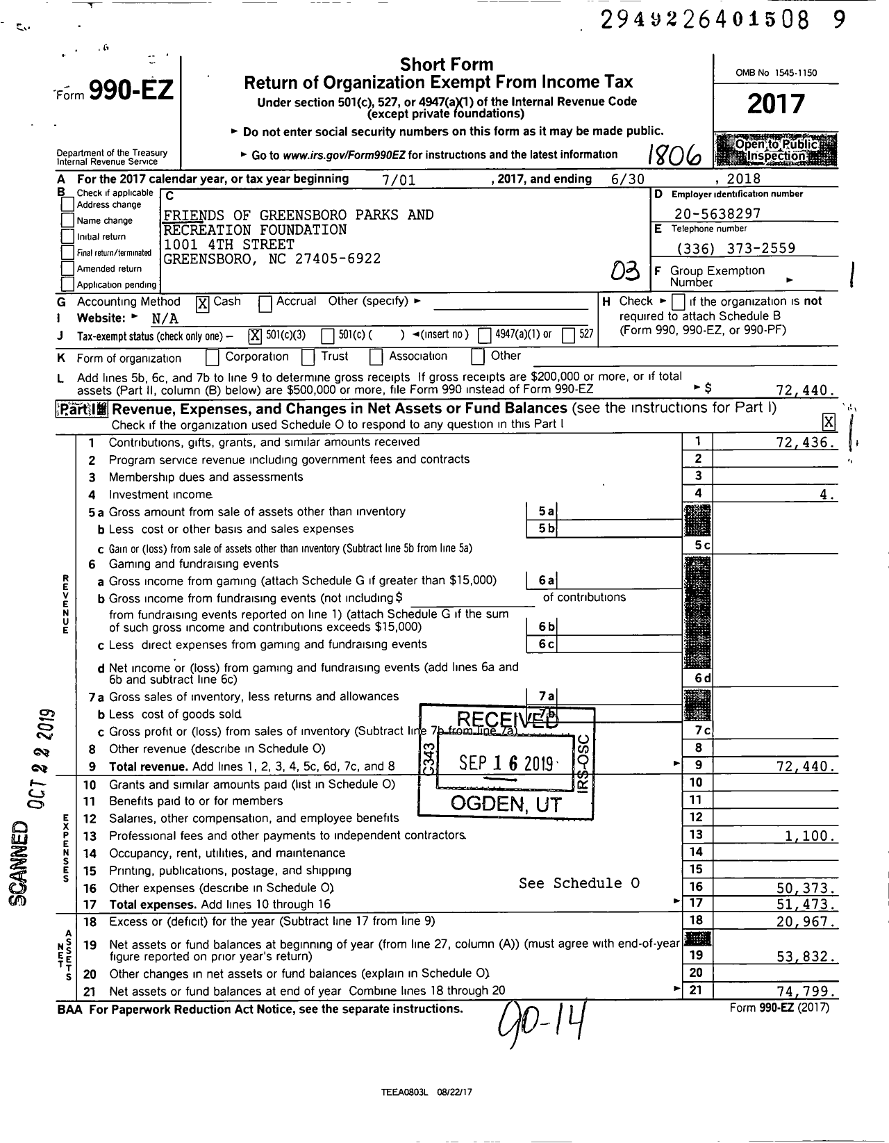 Image of first page of 2017 Form 990EZ for Greensboro Parks Foundation