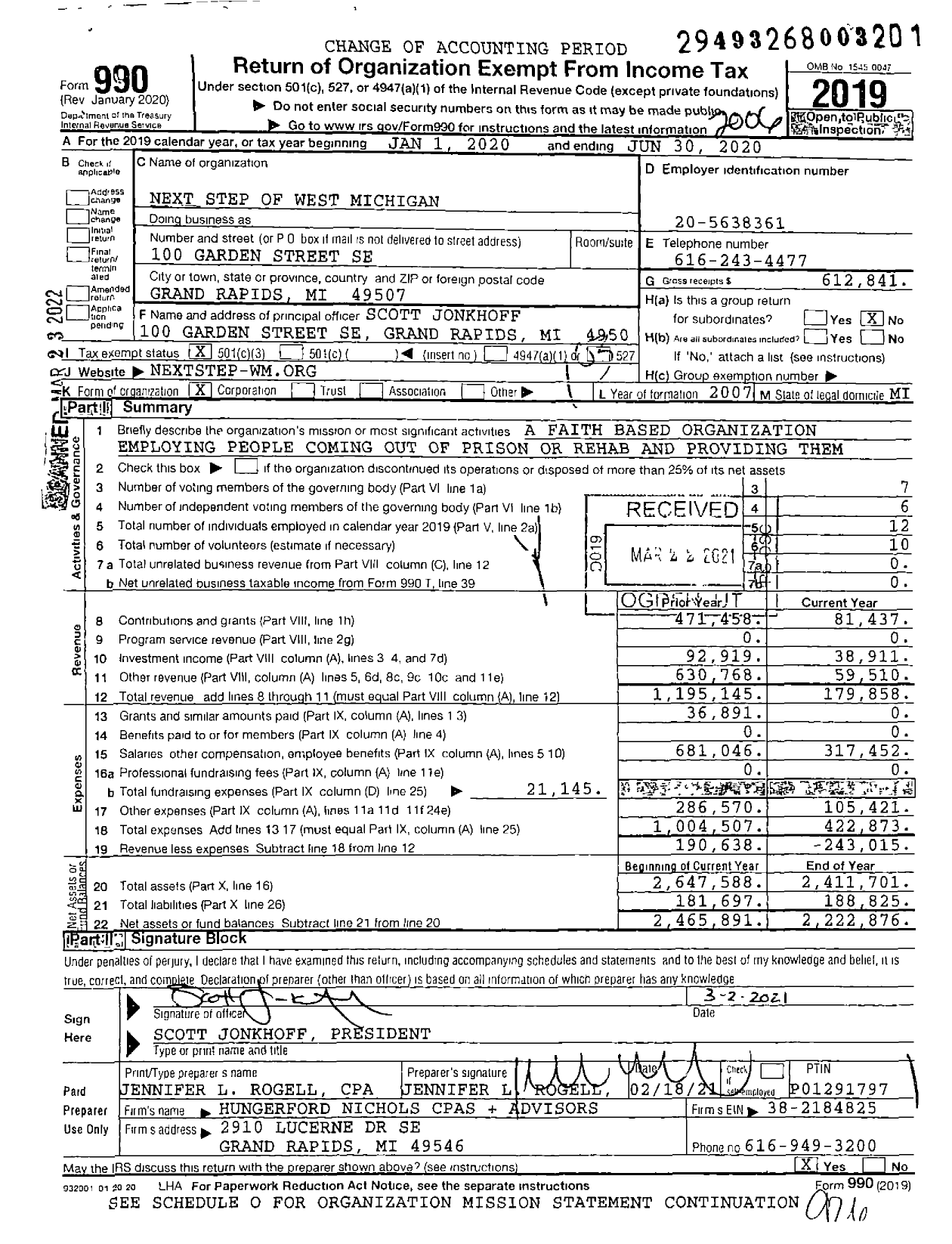 Image of first page of 2019 Form 990 for Next Step of West Michigan