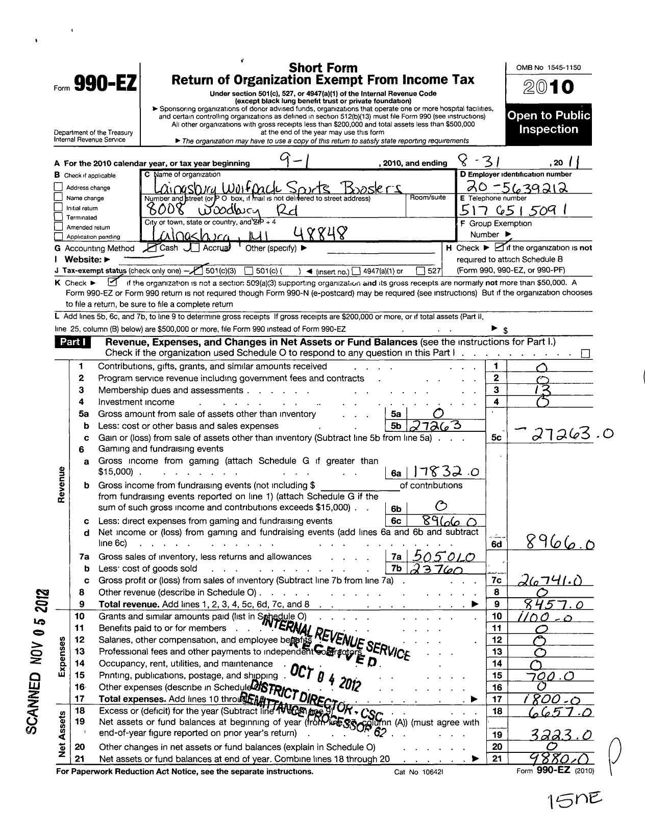 Image of first page of 2010 Form 990EZ for Laingsburg Wolfpack Sports Boosters