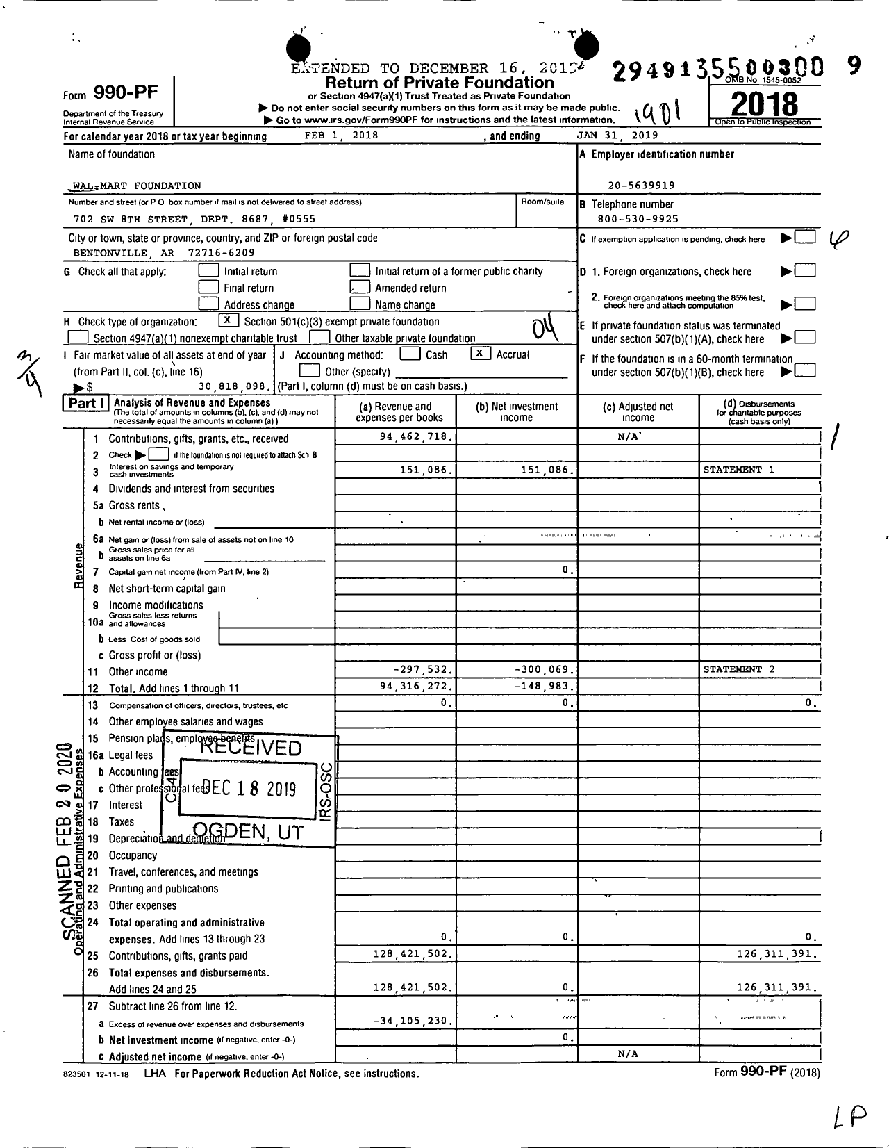 Image of first page of 2018 Form 990PF for Wal-Mart Foundation