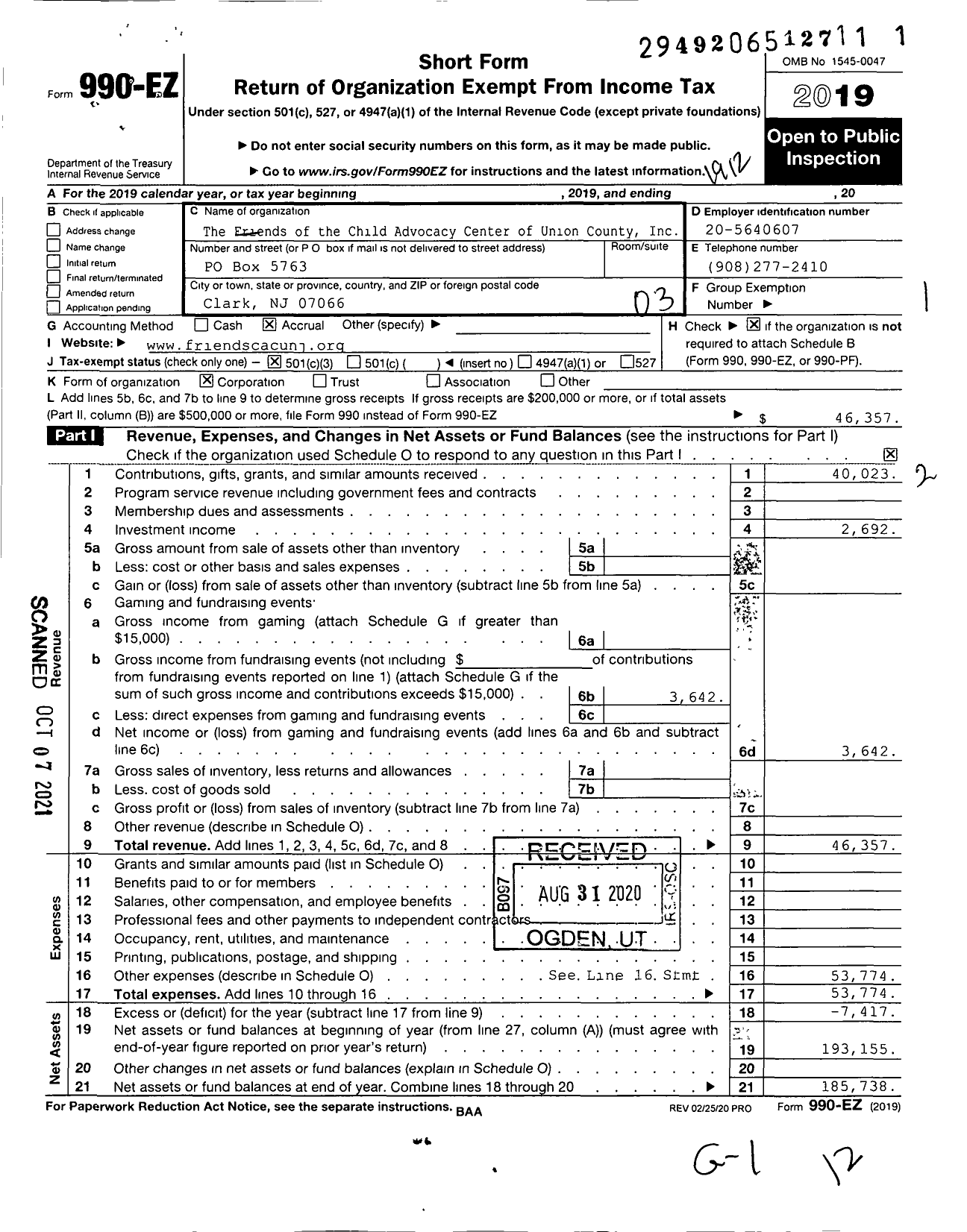 Image of first page of 2019 Form 990EZ for The Friends of the Child Advocacy Center of Union County