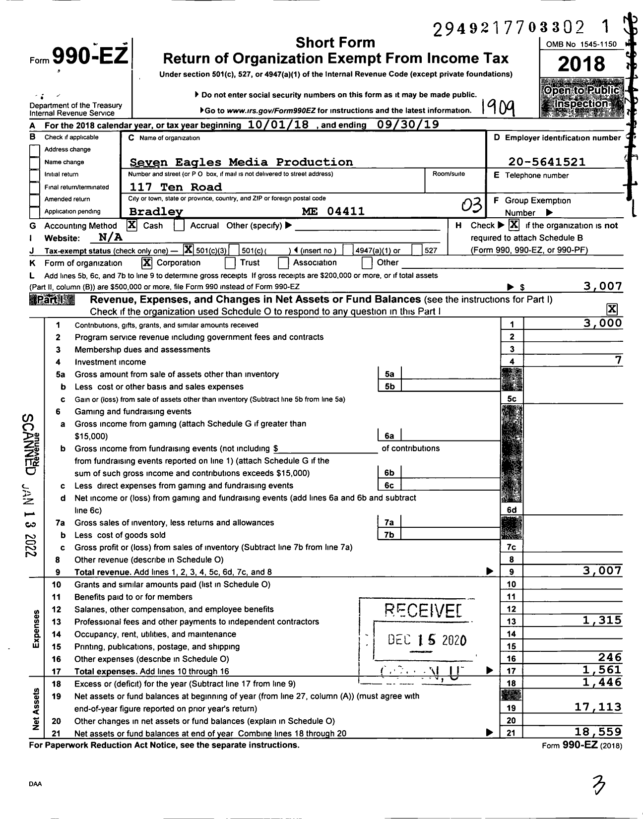 Image of first page of 2018 Form 990EZ for Seven Eagles Media Production