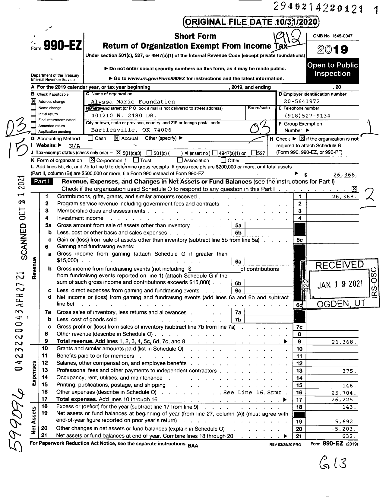 Image of first page of 2019 Form 990EZ for Alyssa Marie Foundation