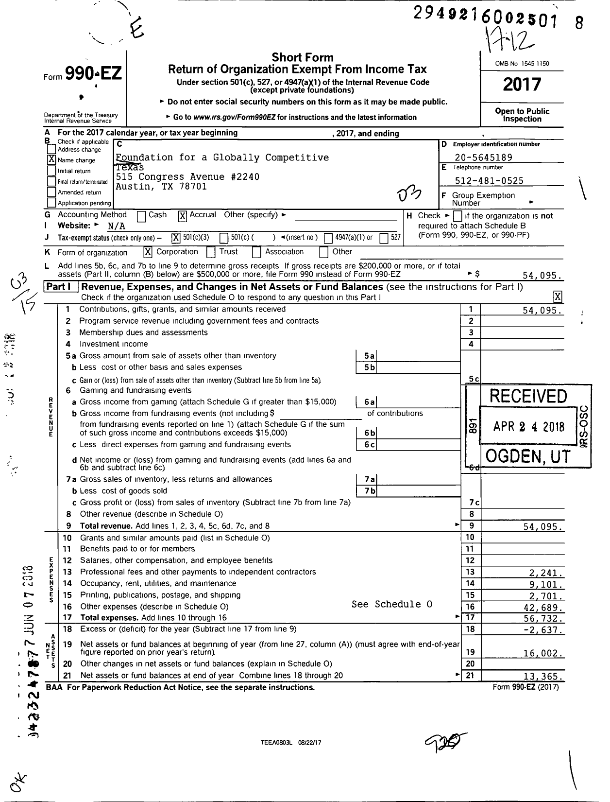 Image of first page of 2017 Form 990EZ for Foundation for a Globally Competitive Texas