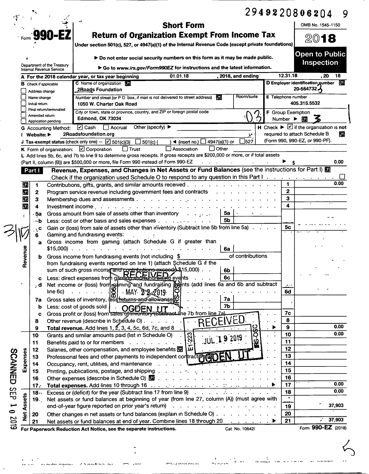 Image of first page of 2018 Form 990EZ for 2roads Foundation