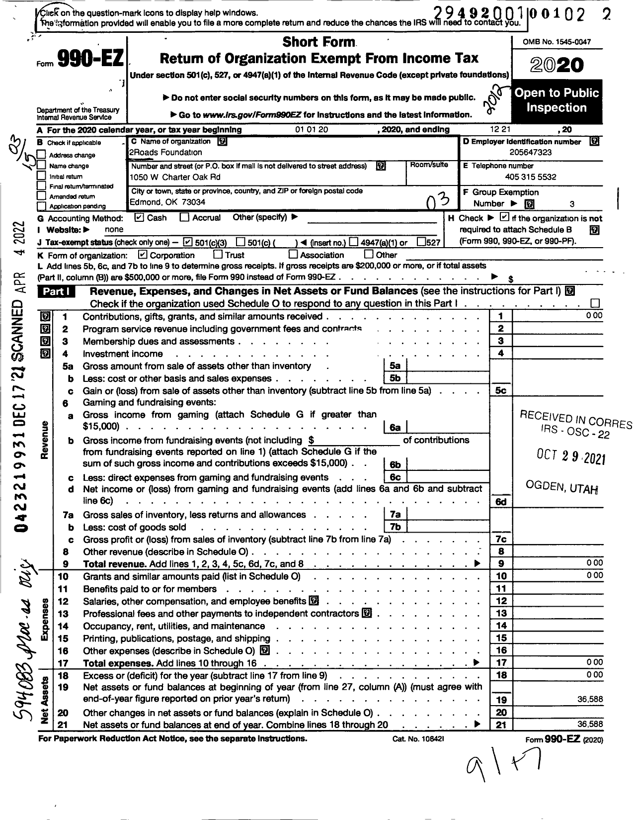 Image of first page of 2020 Form 990EZ for 2roads Foundation