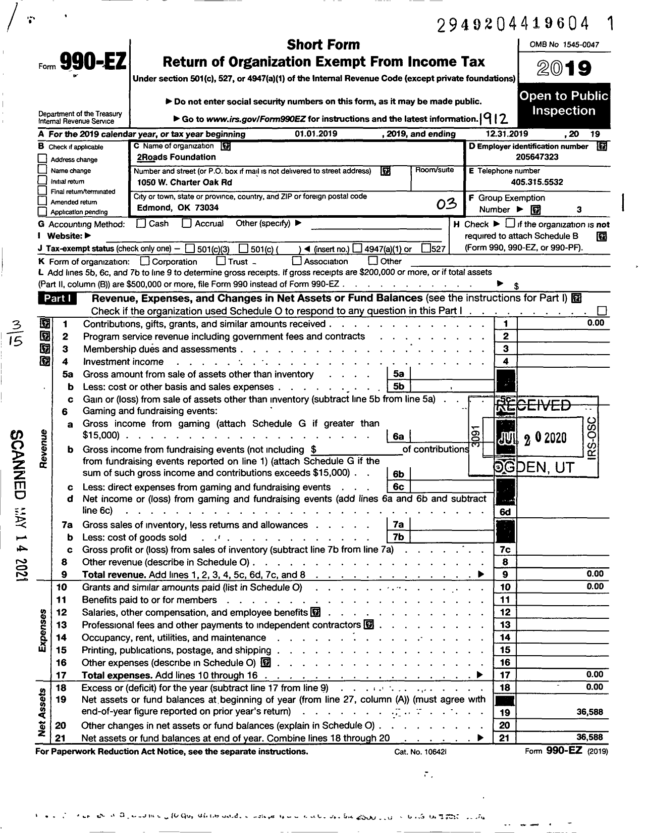 Image of first page of 2019 Form 990EZ for 2roads Foundation