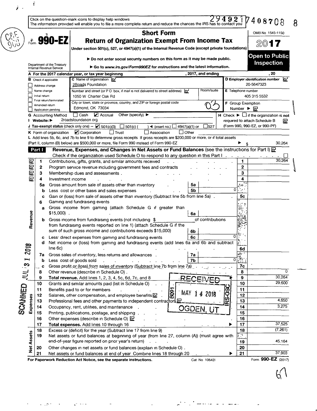 Image of first page of 2017 Form 990EZ for 2roads Foundation