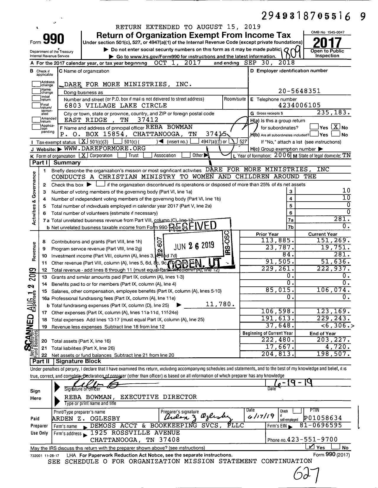 Image of first page of 2017 Form 990 for Dare for More Ministries