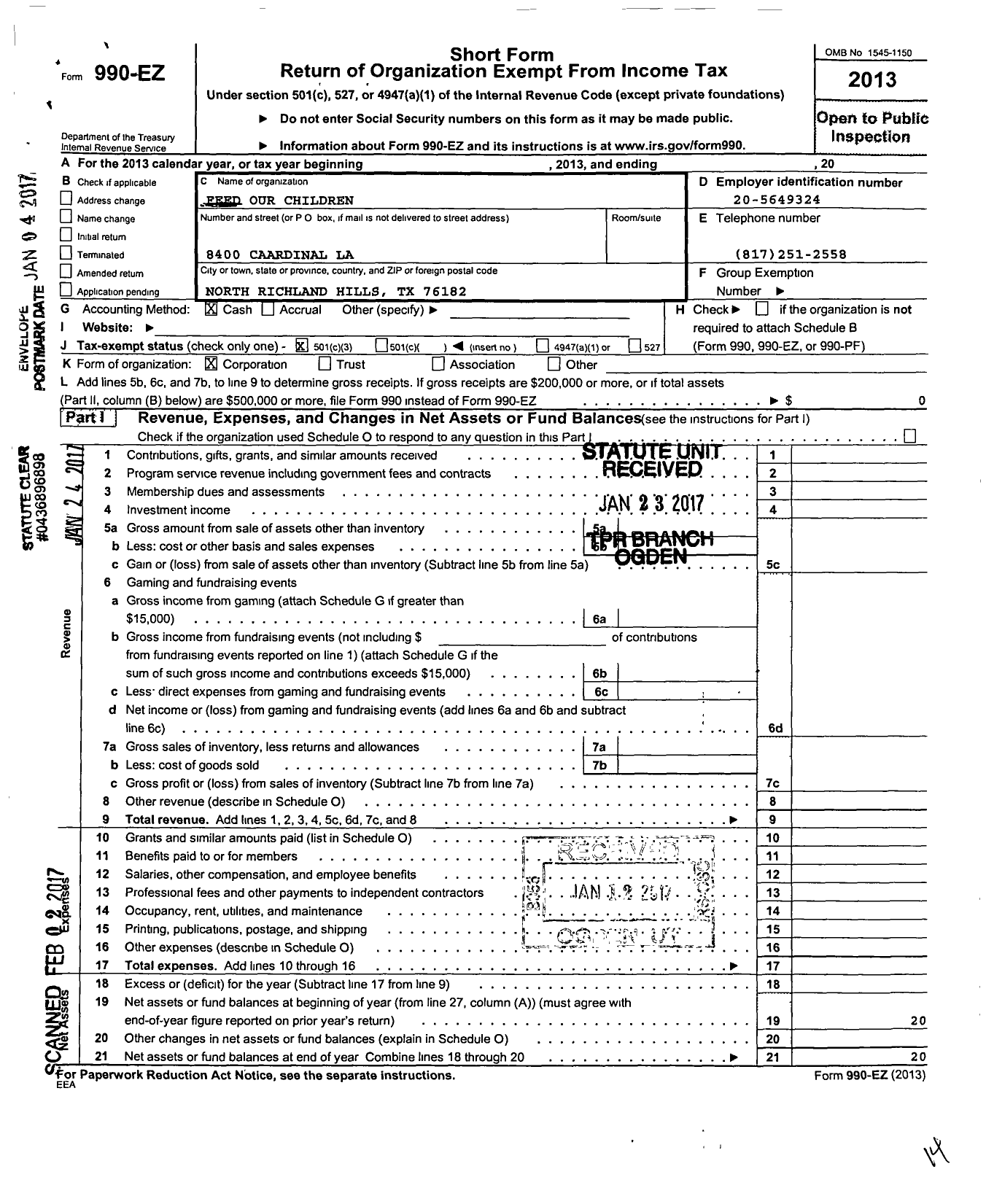 Image of first page of 2013 Form 990EZ for Feed Our Children