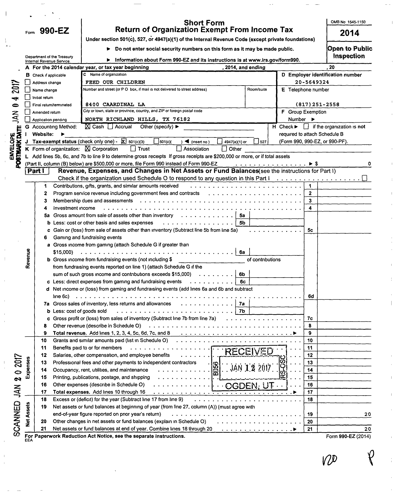 Image of first page of 2014 Form 990EZ for Feed Our Children