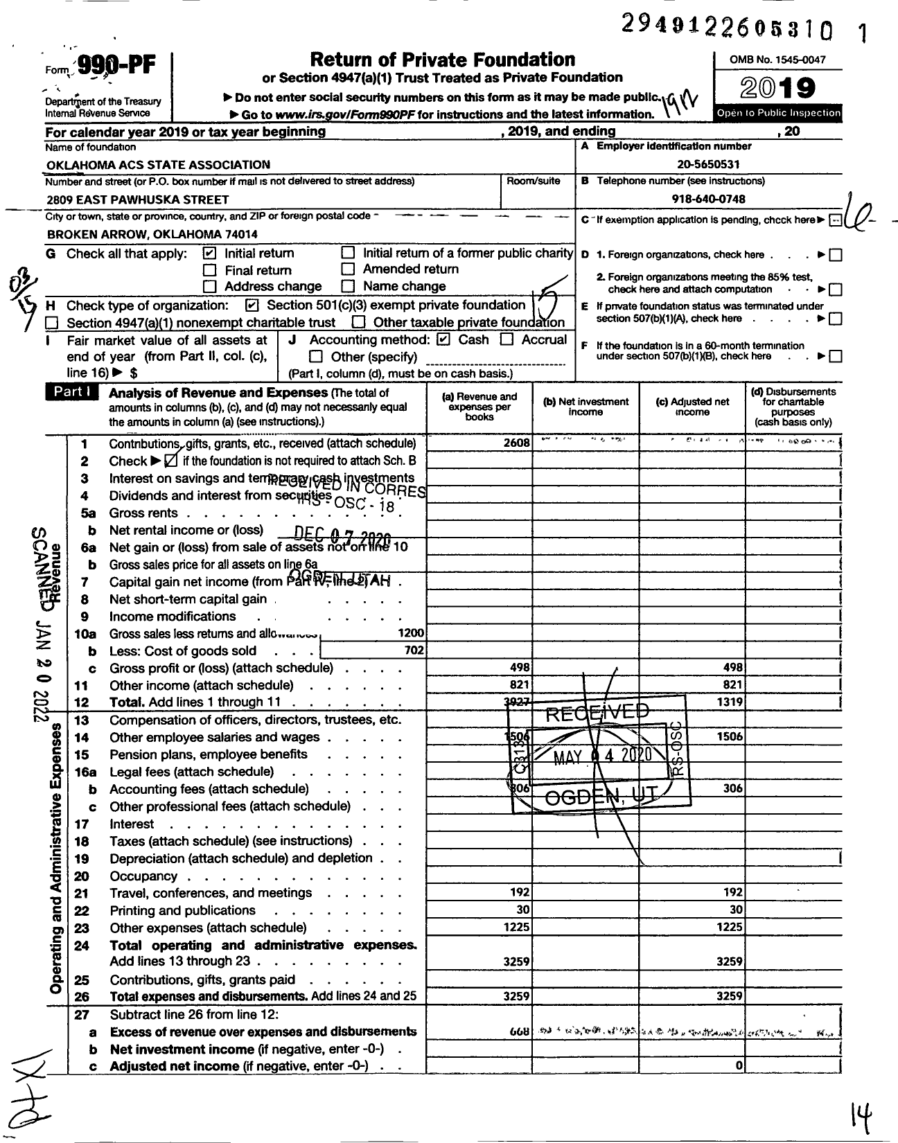 Image of first page of 2019 Form 990PF for Oklahoma Acs State Association