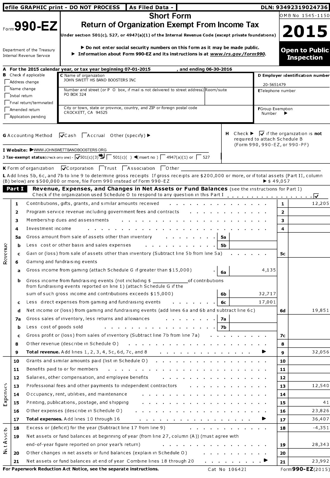 Image of first page of 2015 Form 990EZ for John Swett High School Band Boosters