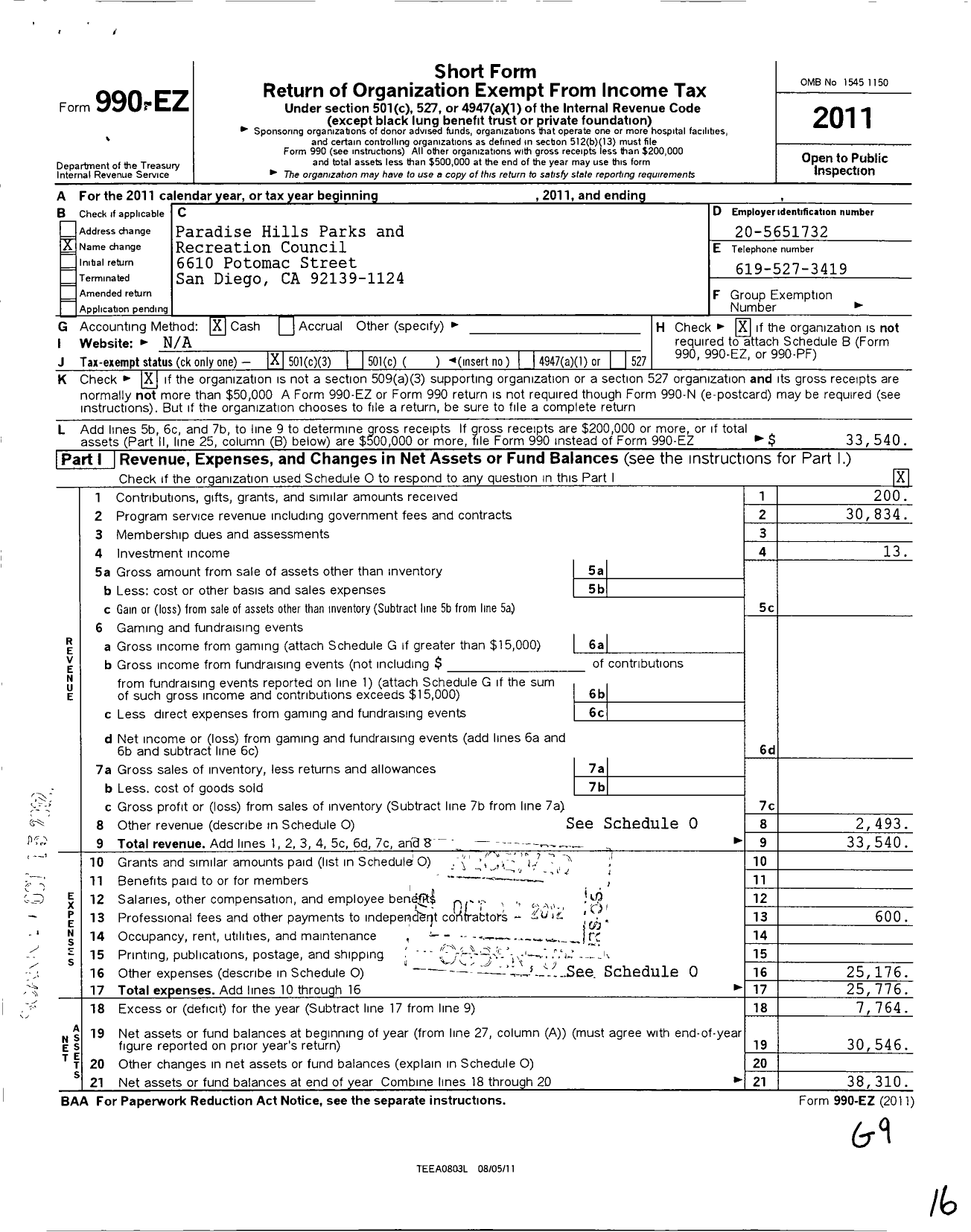 Image of first page of 2011 Form 990EZ for Paradise Hills Parks and Recreation Council