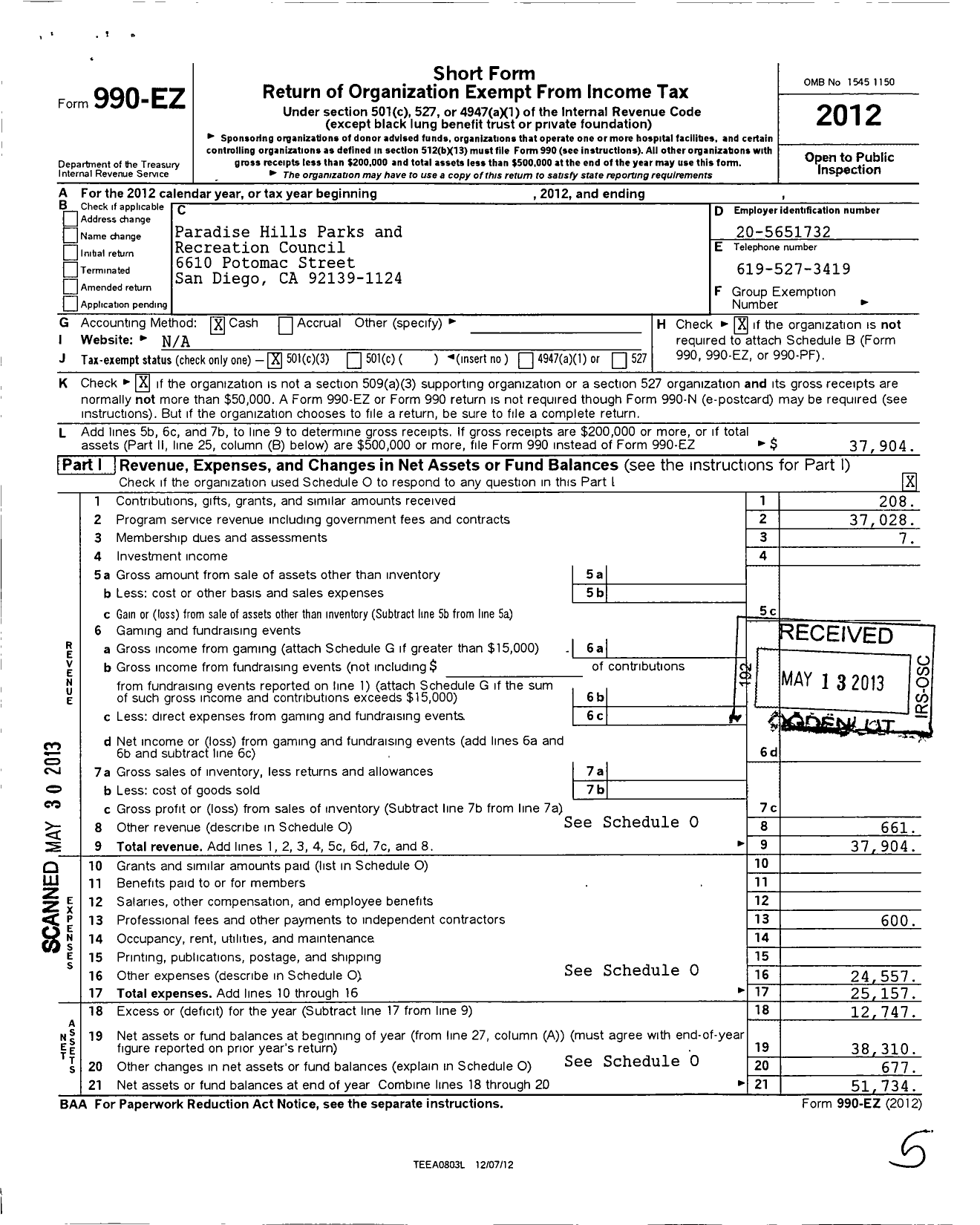 Image of first page of 2012 Form 990EZ for Paradise Hills Parks and Recreation Council