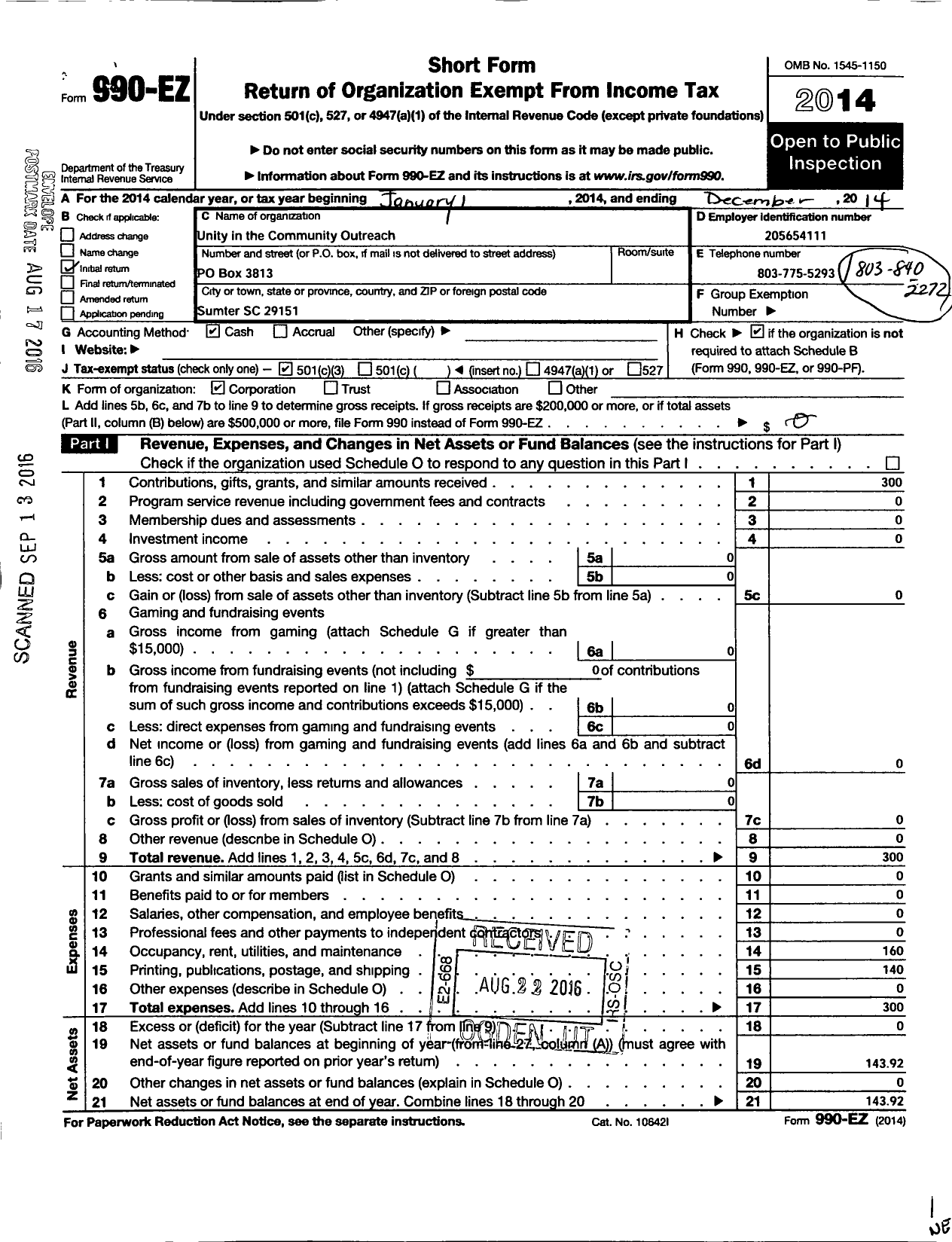 Image of first page of 2014 Form 990EZ for Unity in the Community Outreach