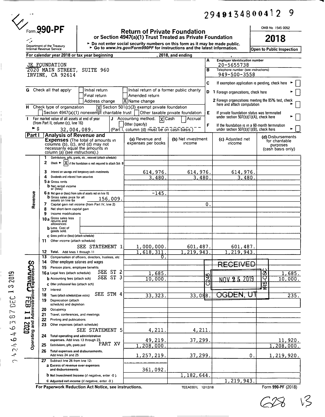 Image of first page of 2018 Form 990PF for Je Foundation