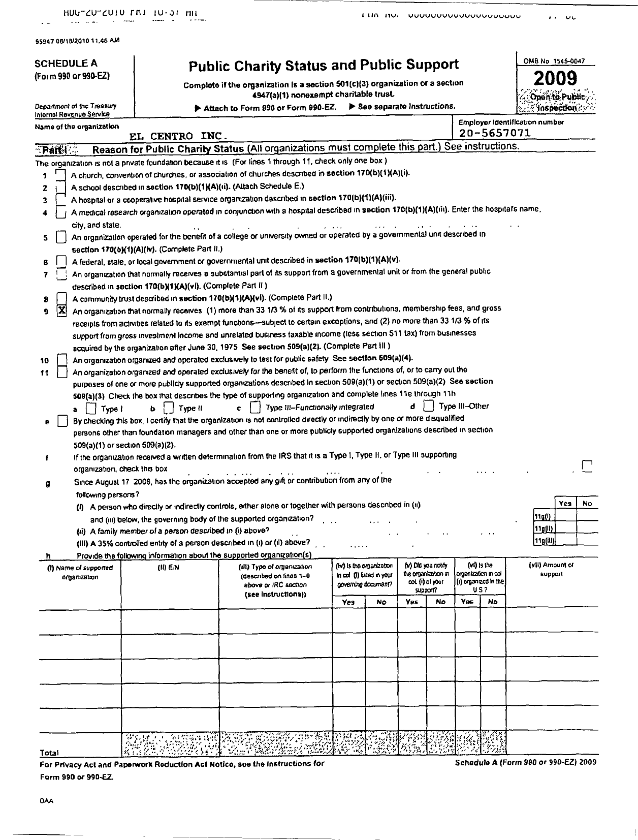 Image of first page of 2009 Form 990ER for El Centro